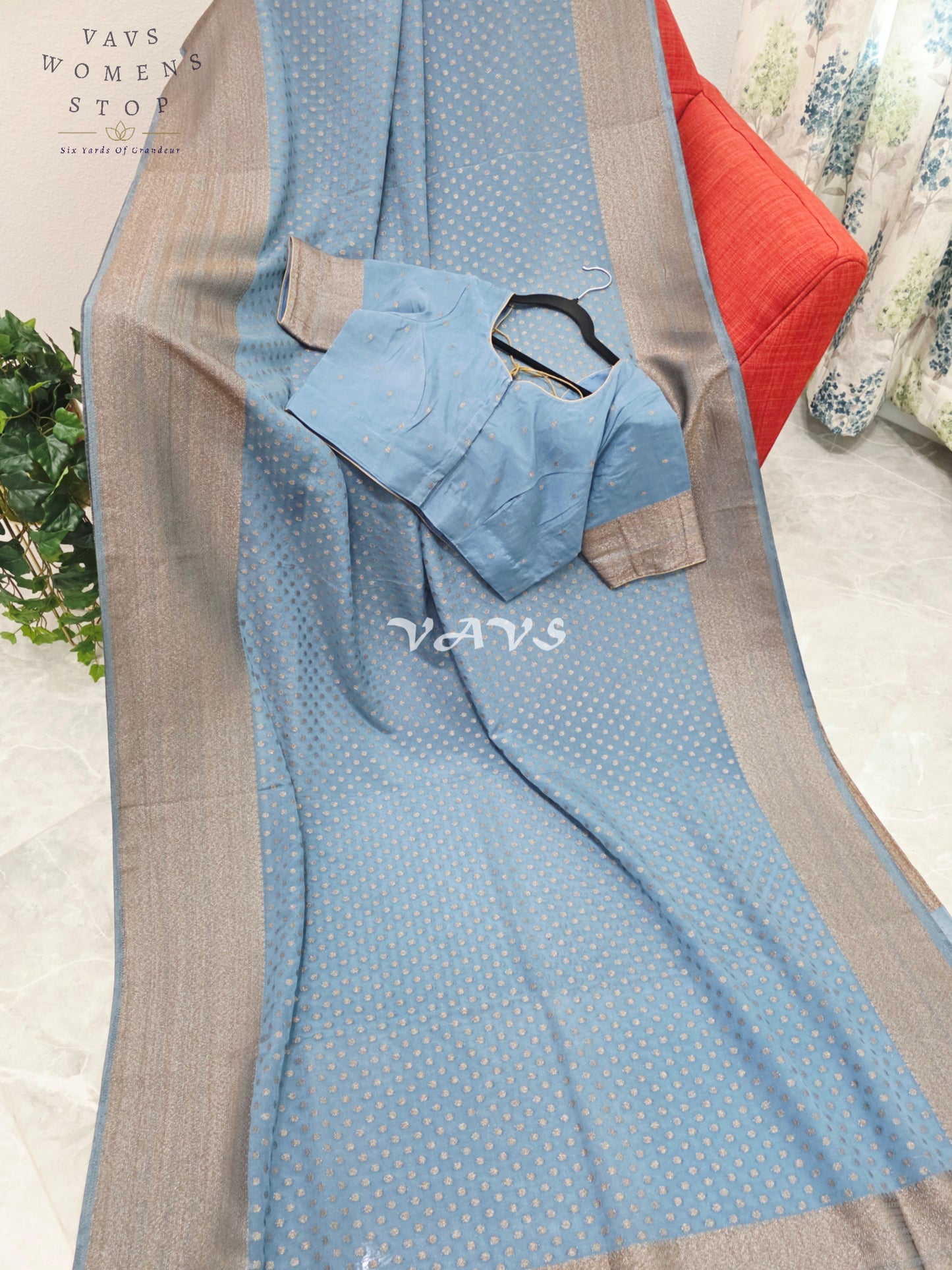 Royal Dusty Sky Blue Antique Zari Chiffon Georgette Saree with Stitched Blouse Size 40-46