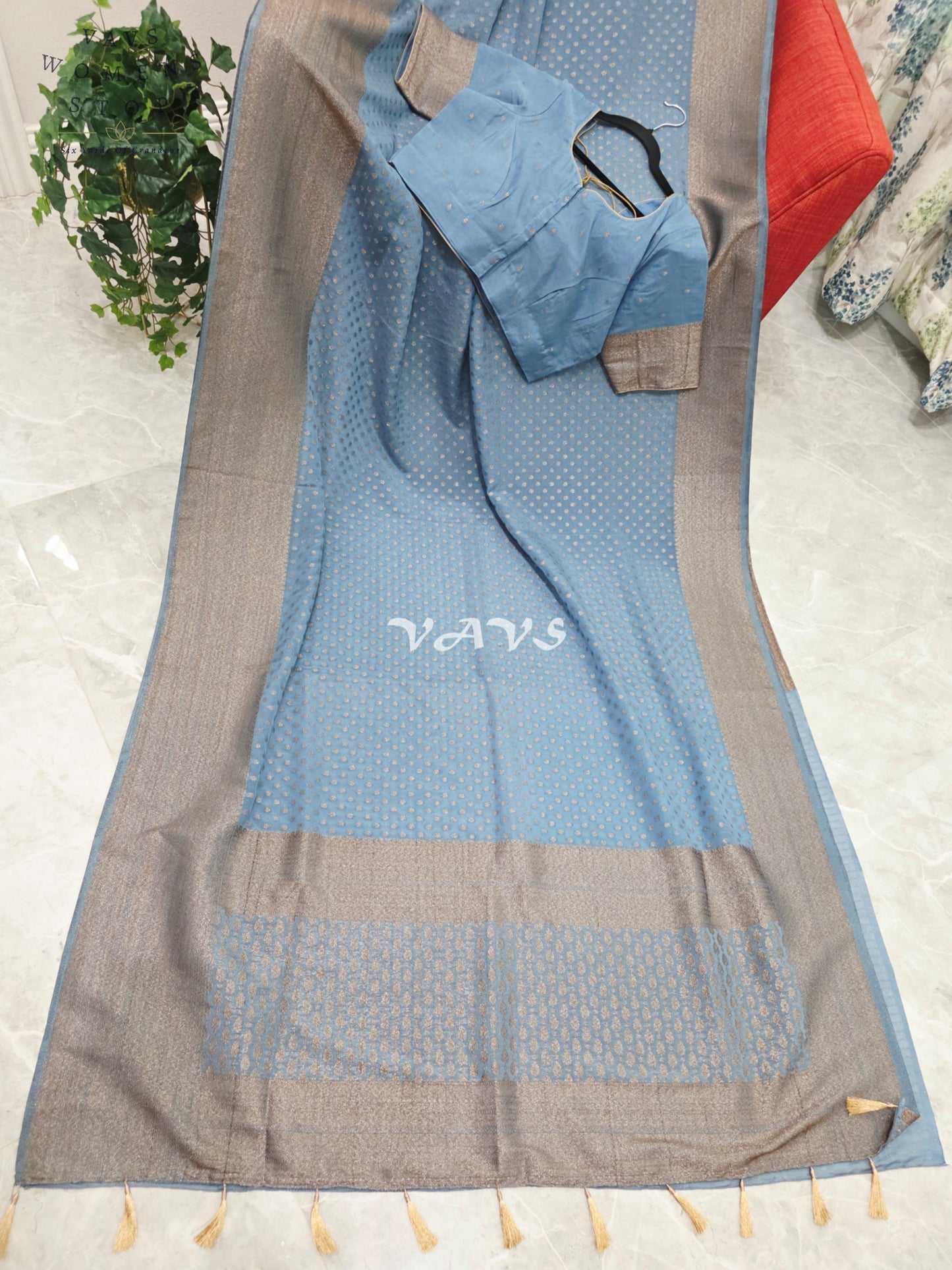 Royal Dusty Sky Blue Antique Zari Chiffon Georgette Saree with Stitched Blouse Size 40-46