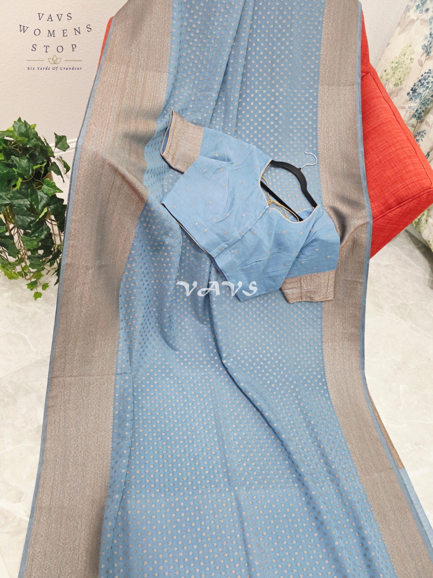 Royal Dusty Sky Blue Antique Zari Chiffon Georgette Saree with Stitched Blouse Size 40-46