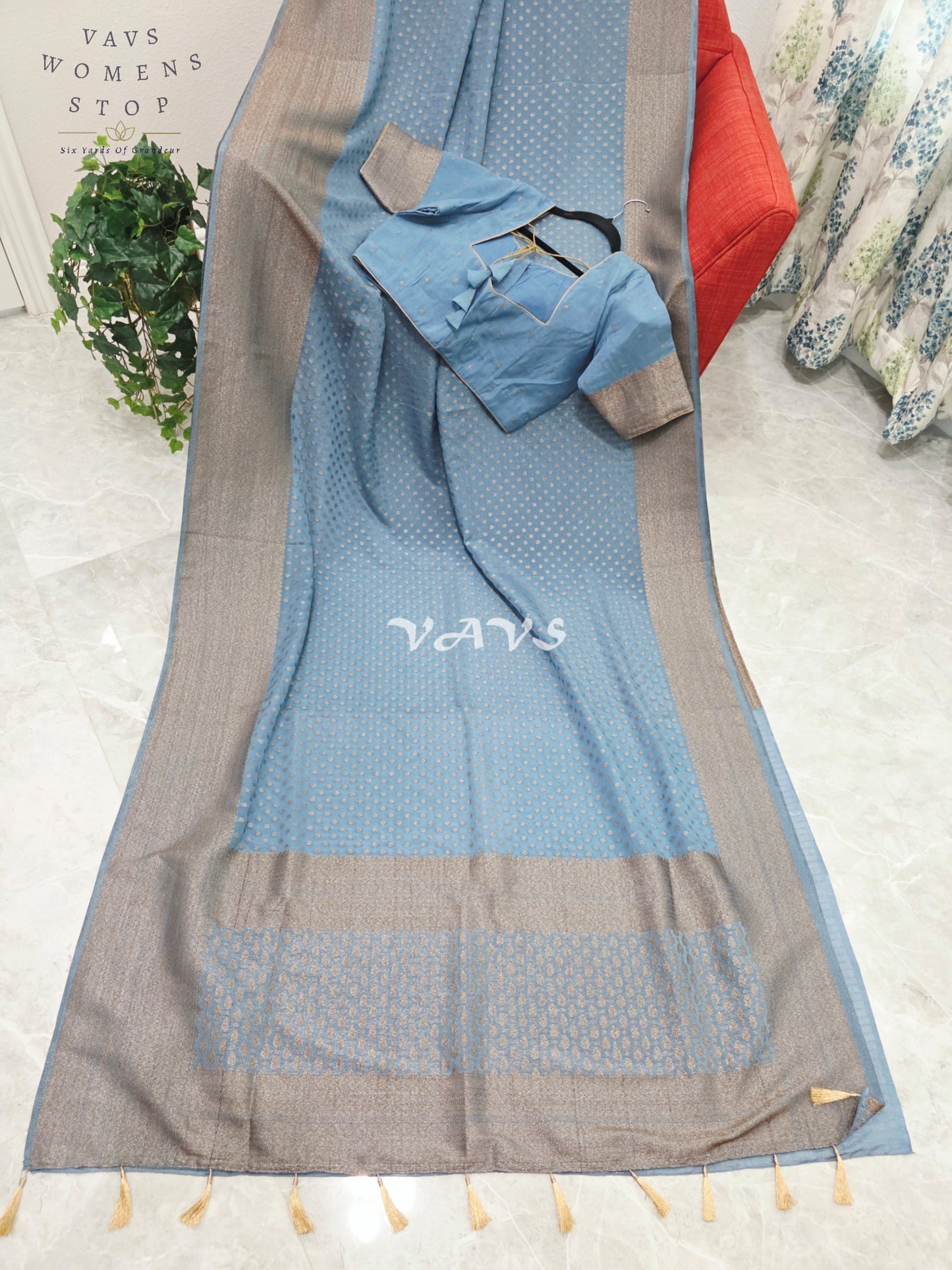 Royal Dusty Sky Blue Antique Zari Chiffon Georgette Saree with Stitched Blouse Size 40-46