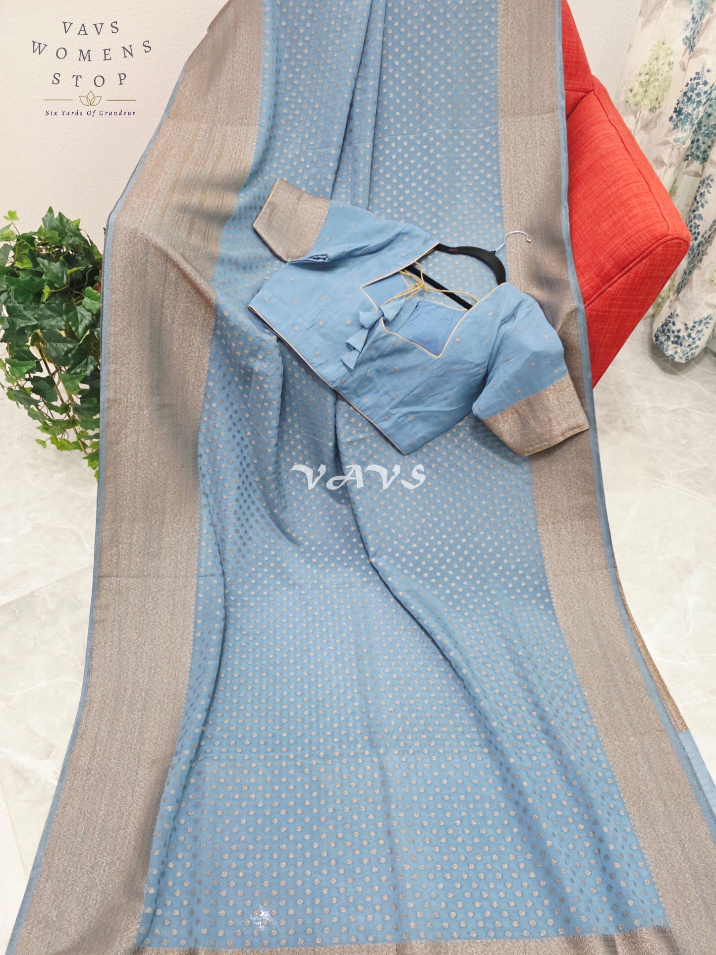 Royal Dusty Sky Blue Antique Zari Chiffon Georgette Saree with Stitched Blouse Size 40-46