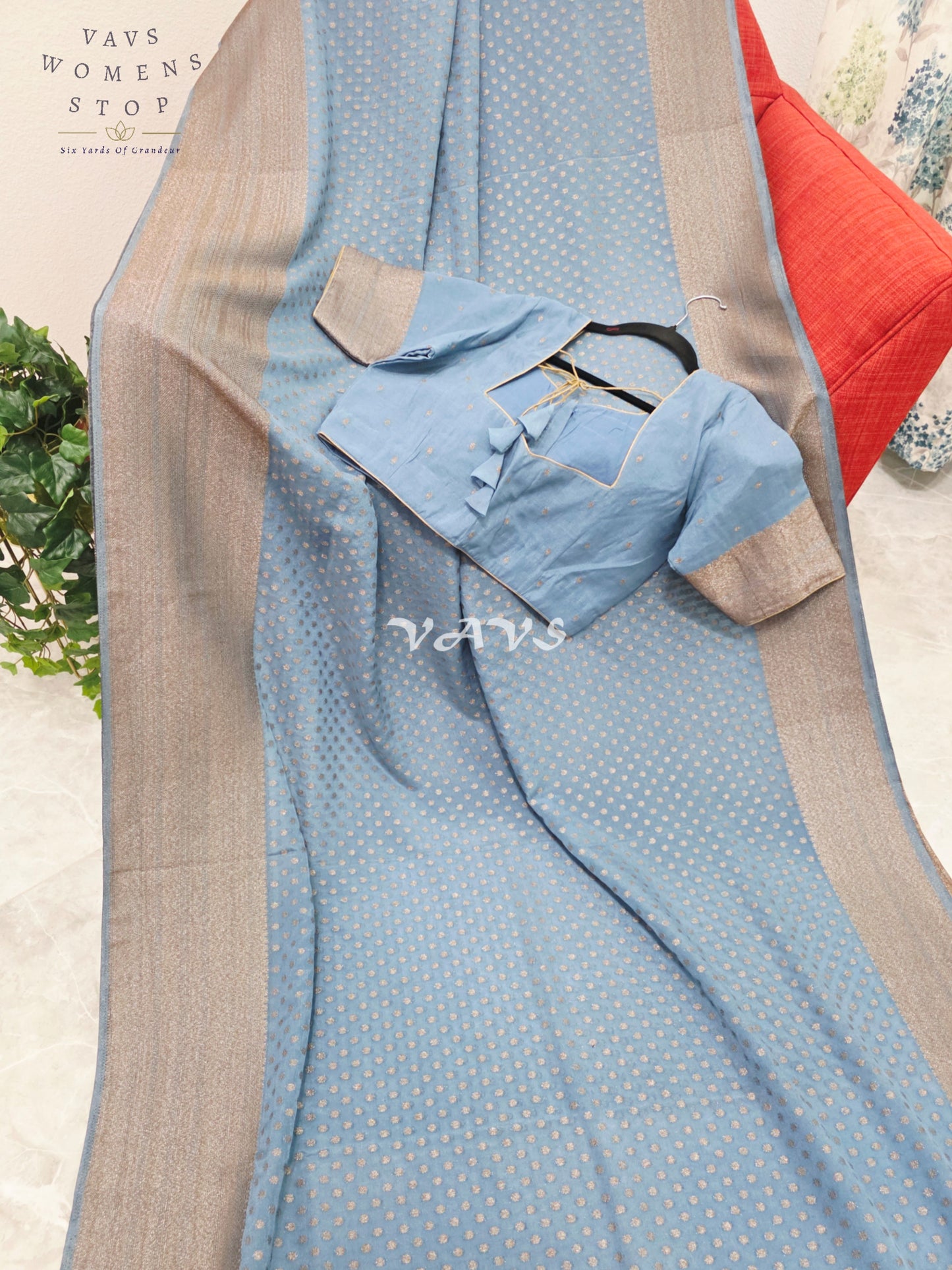 Royal Dusty Sky Blue Antique Zari Chiffon Georgette Saree with Stitched Blouse Size 40-46