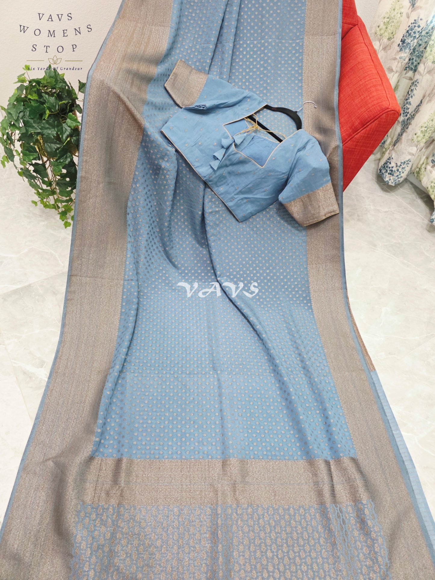 Royal Dusty Sky Blue Antique Zari Chiffon Georgette Saree with Stitched Blouse Size 40-46