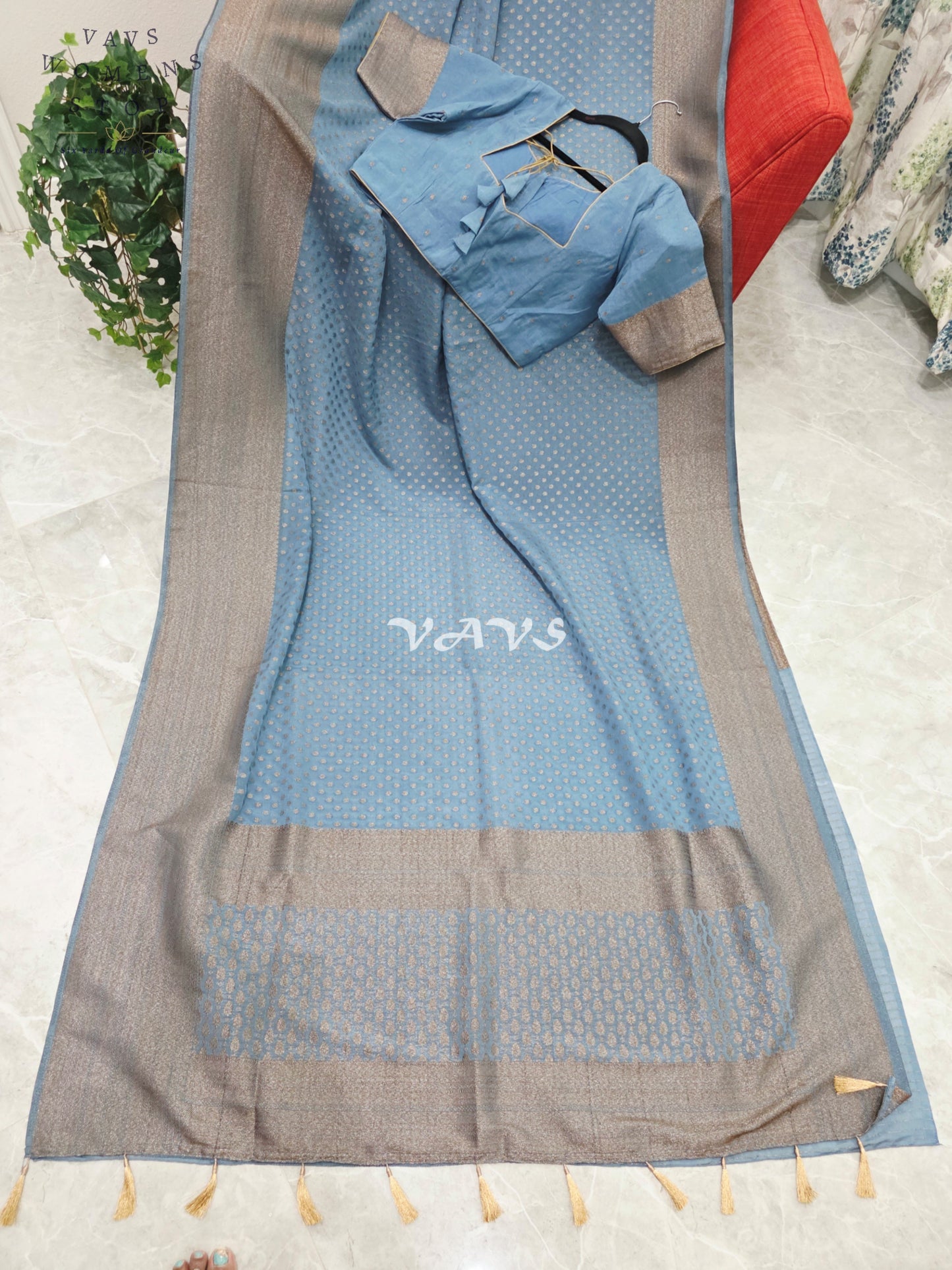 Royal Dusty Sky Blue Antique Zari Chiffon Georgette Saree with Stitched Blouse Size 40-46