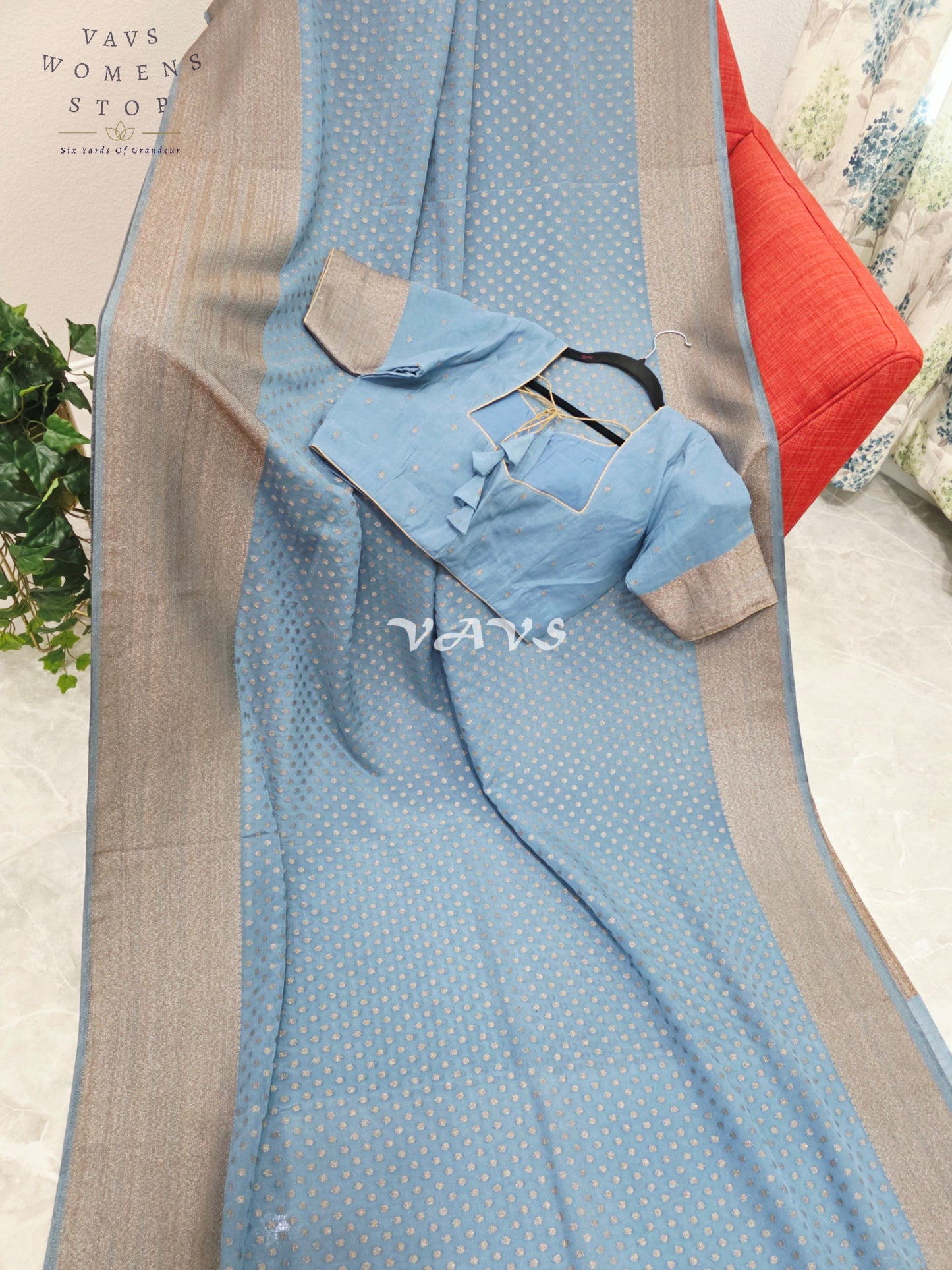 Royal Dusty Sky Blue Antique Zari Chiffon Georgette Saree with Stitched Blouse Size 40-46