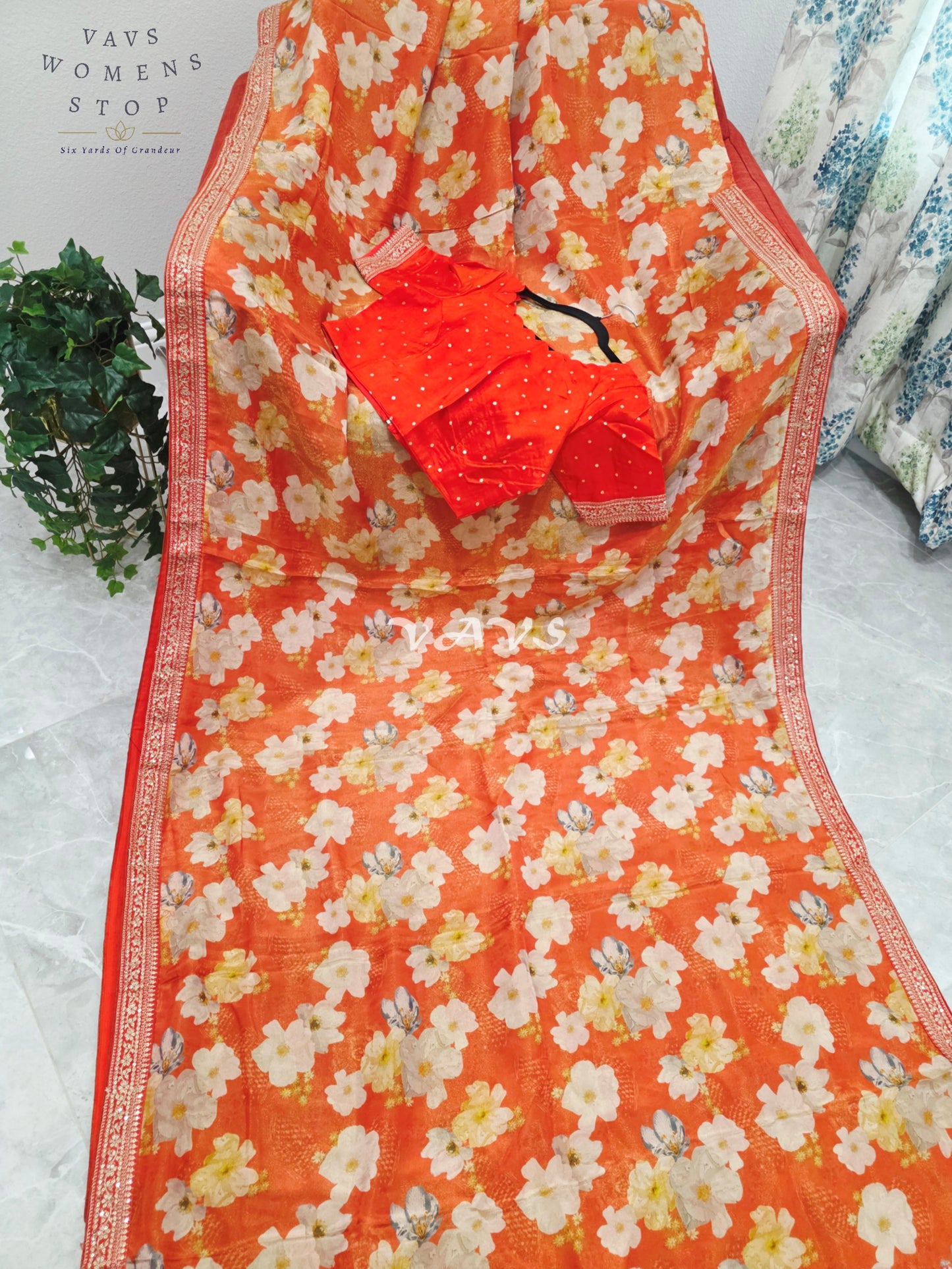 Sunset Tangerine Floral Viscose Crepe Silk Tissue Saree with Embellished Border & Stitched Blouse Size 36-42