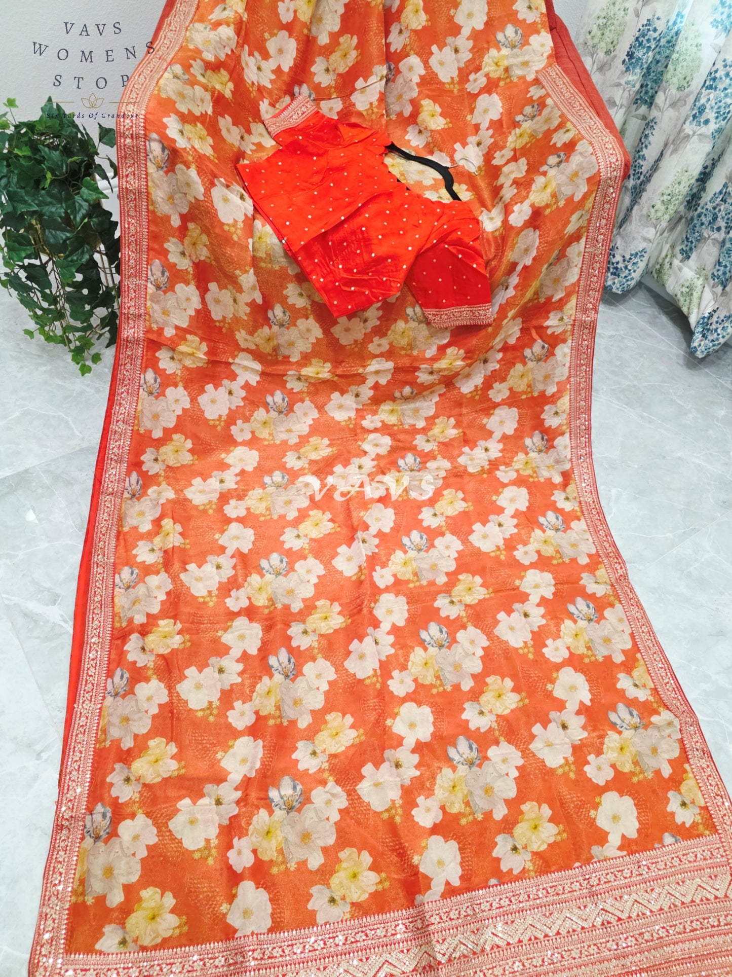 Sunset Tangerine Floral Viscose Crepe Silk Tissue Saree with Embellished Border & Stitched Blouse Size 36-42