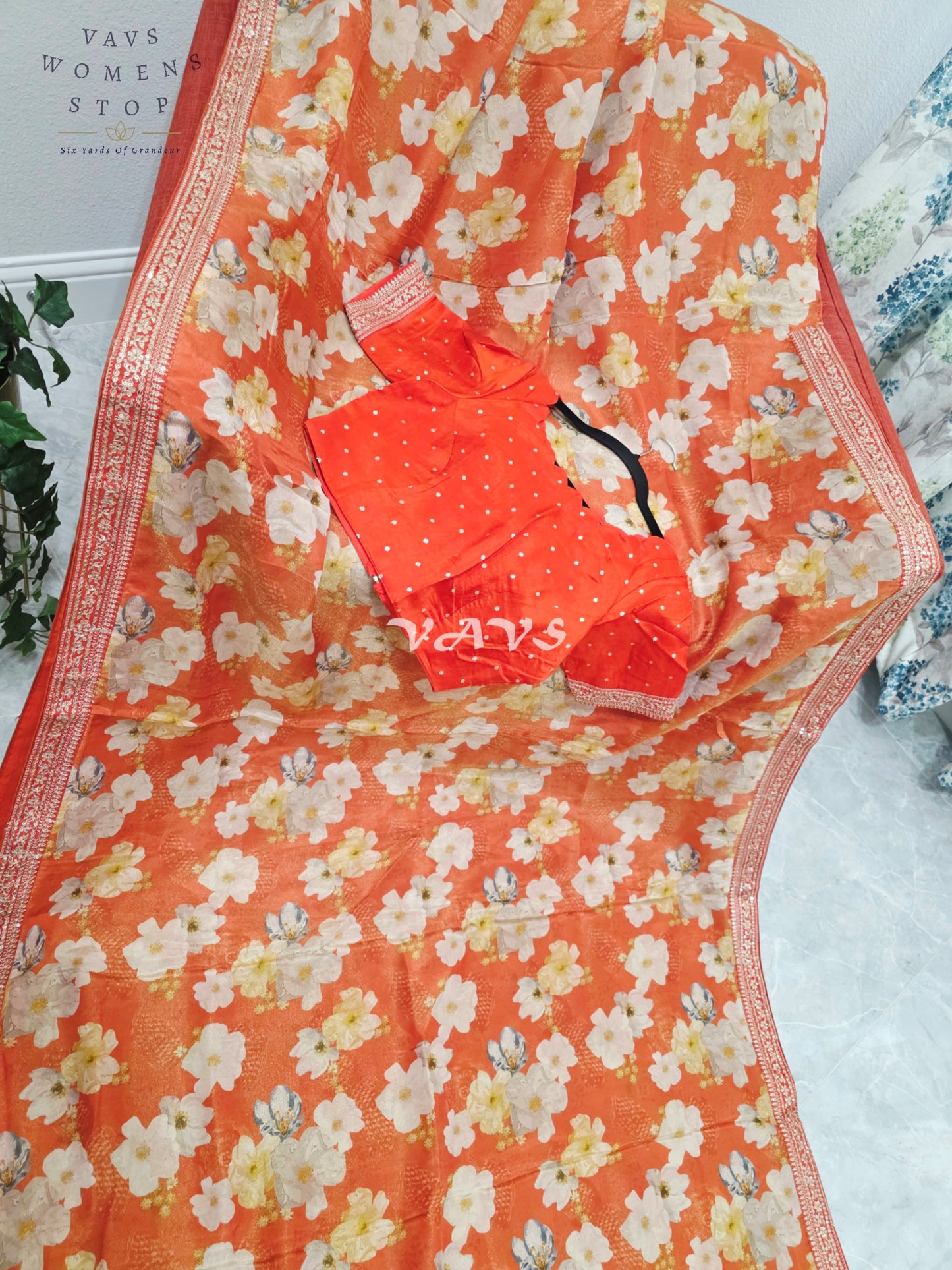 Sunset Tangerine Floral Viscose Crepe Silk Tissue Saree with Embellished Border & Stitched Blouse Size 36-42