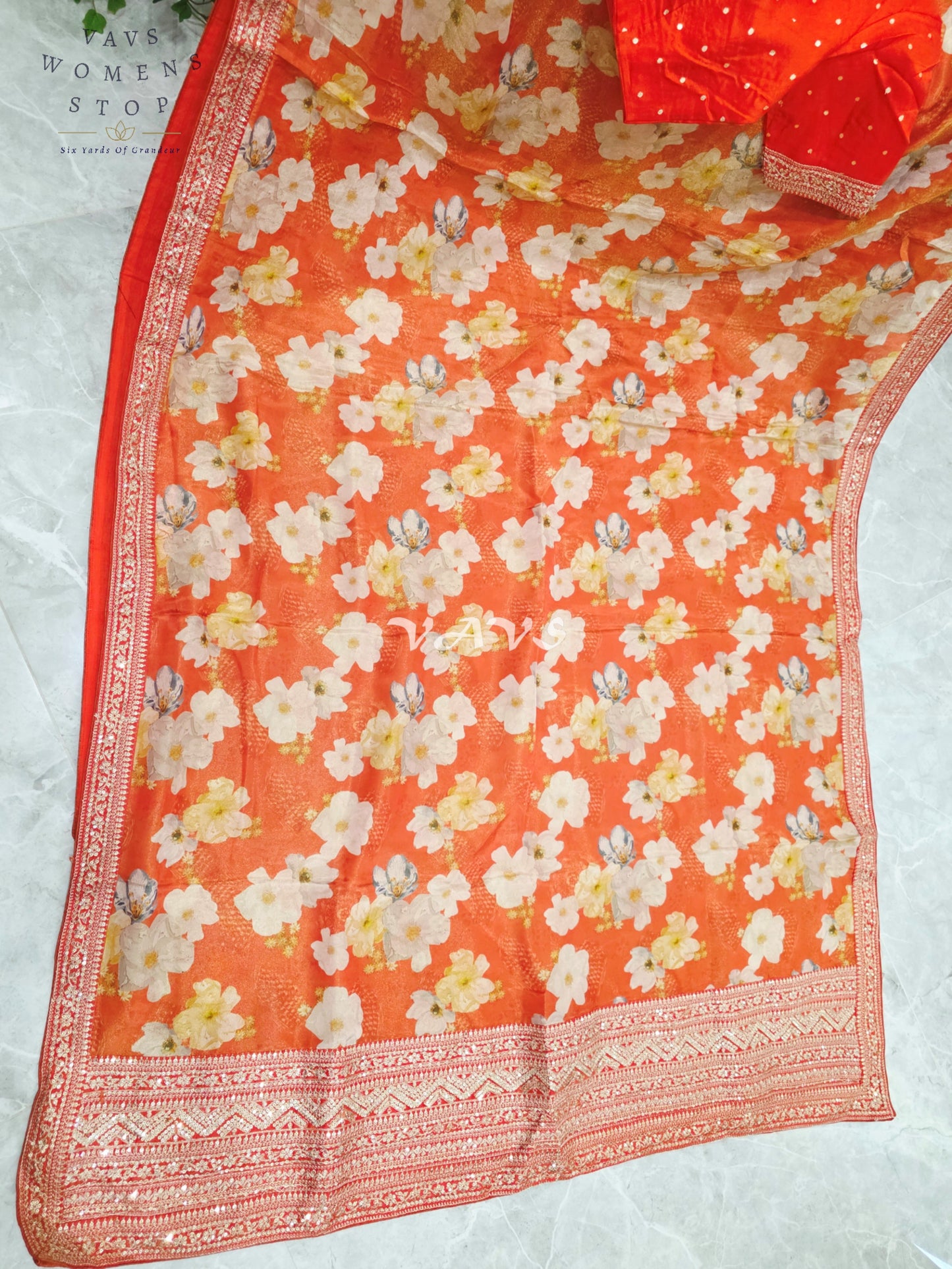 Sunset Tangerine Floral Viscose Crepe Silk Tissue Saree with Embellished Border & Stitched Blouse Size 36-42
