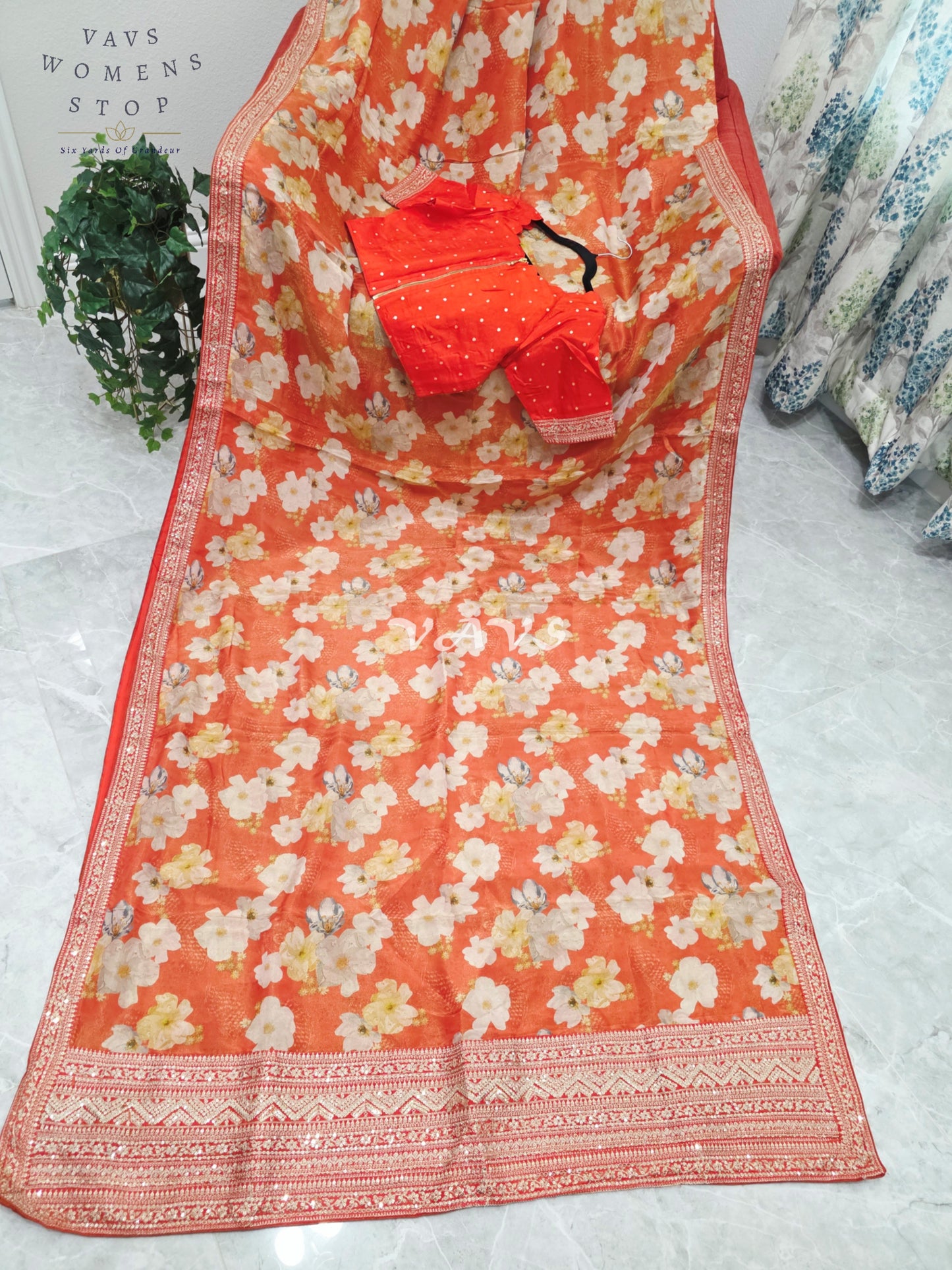 Sunset Tangerine Floral Viscose Crepe Silk Tissue Saree with Embellished Border & Stitched Blouse Size 36-42
