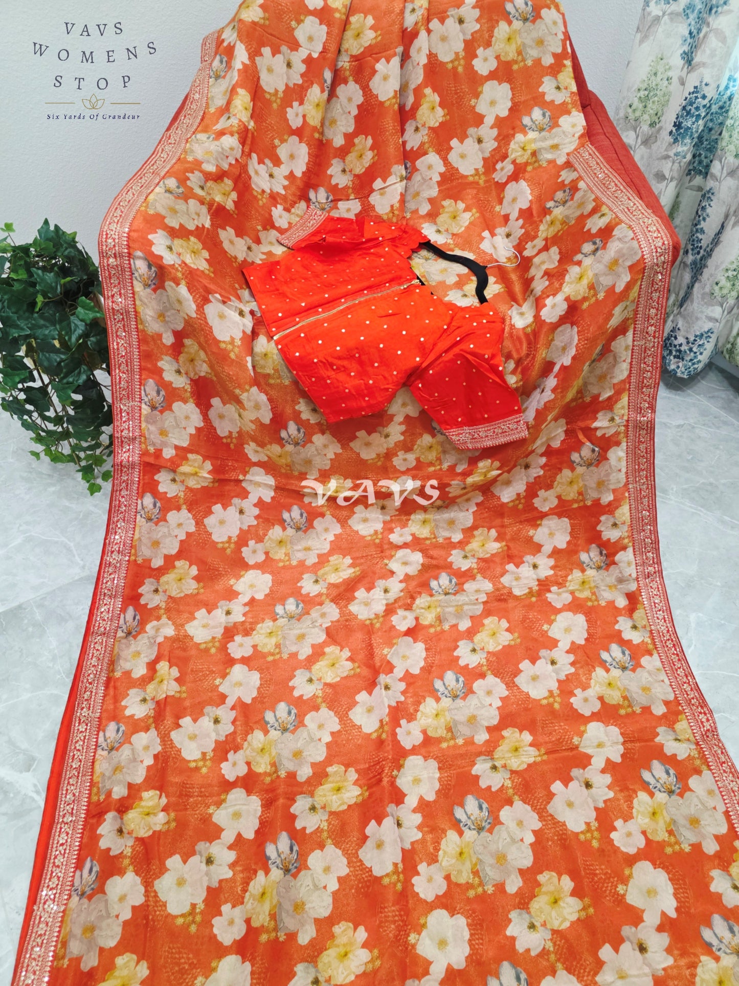 Sunset Tangerine Floral Viscose Crepe Silk Tissue Saree with Embellished Border & Stitched Blouse Size 36-42
