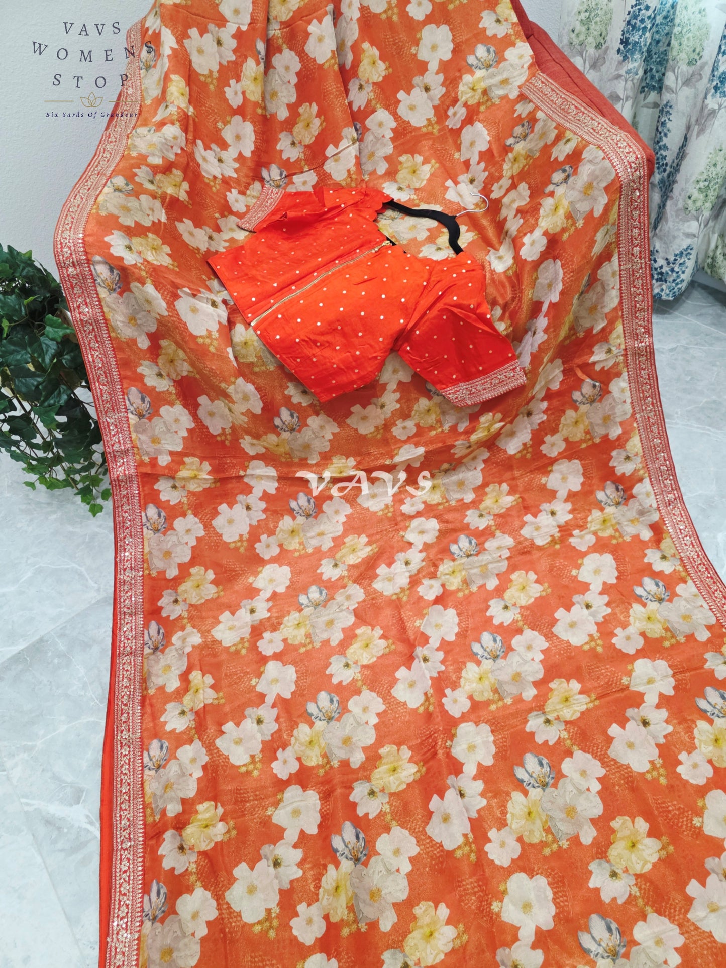 Sunset Tangerine Floral Viscose Crepe Silk Tissue Saree with Embellished Border & Stitched Blouse Size 36-42