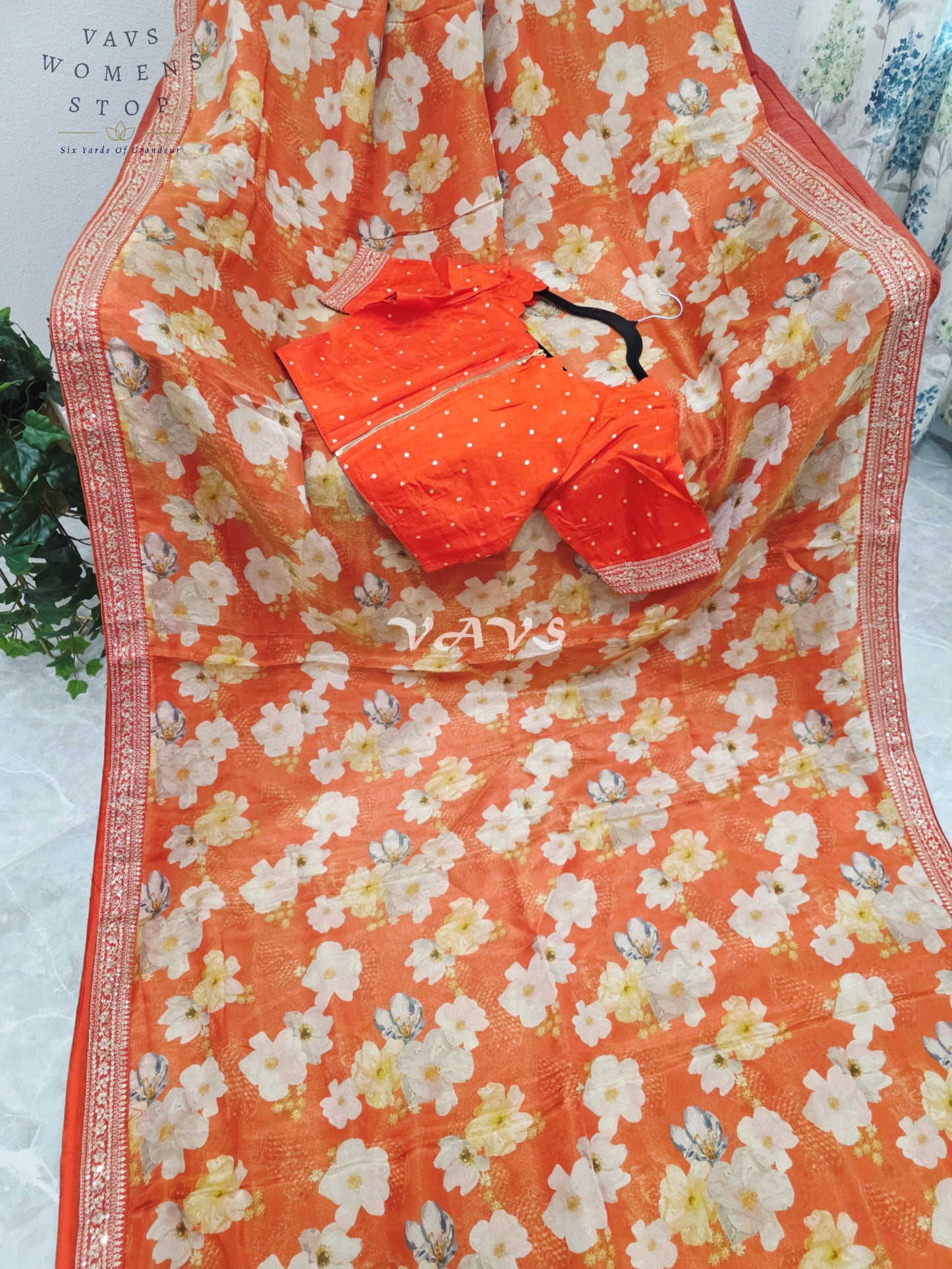 Sunset Tangerine Floral Viscose Crepe Silk Tissue Saree with Embellished Border & Stitched Blouse Size 36-42