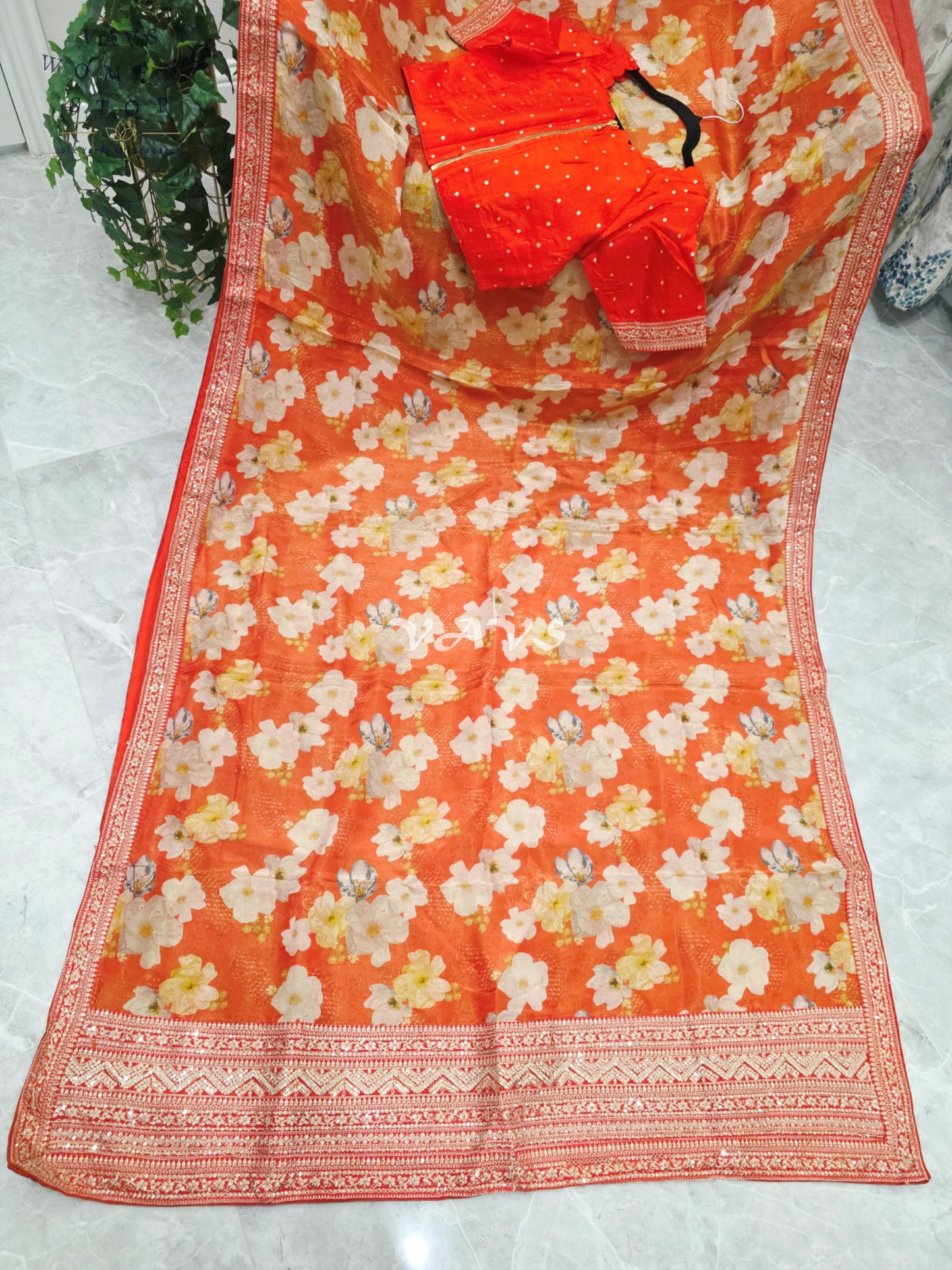 Sunset Tangerine Floral Viscose Crepe Silk Tissue Saree with Embellished Border & Stitched Blouse Size 36-42
