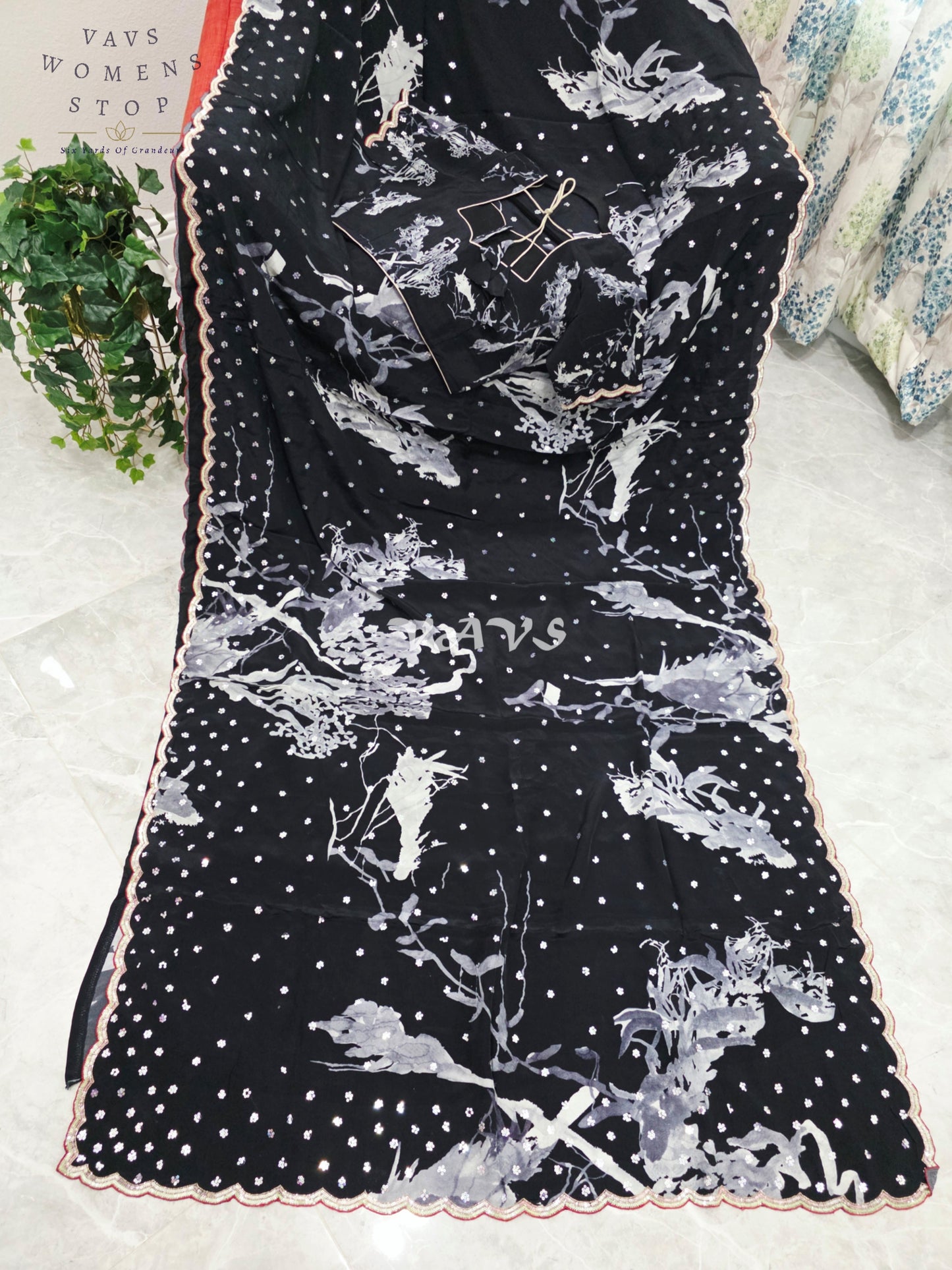 Royal Midnight Black Pure Crepe Silk Floral Sequins Designer Saree with Stitched Blouse Size 38-44