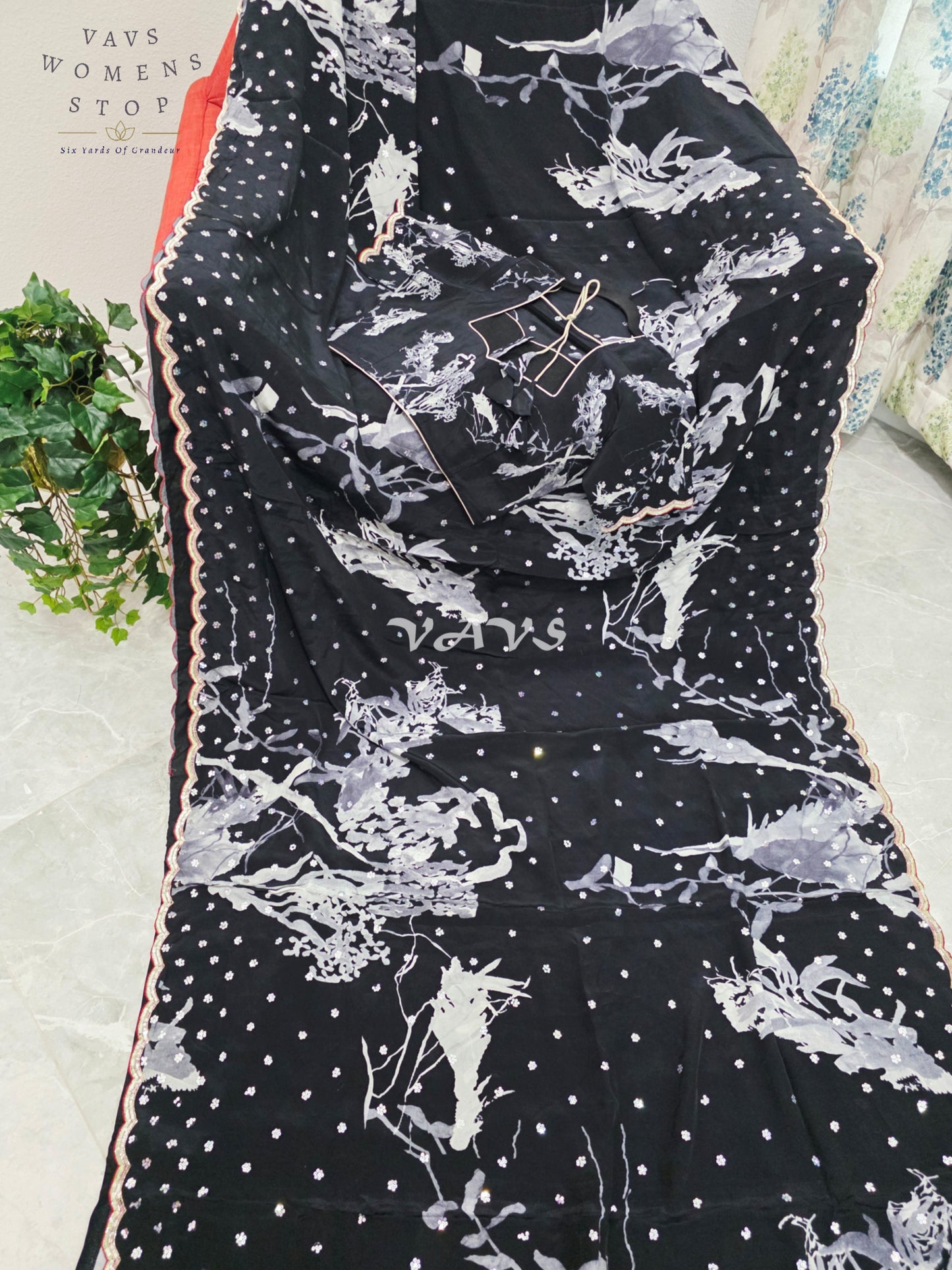 Royal Midnight Black Pure Crepe Silk Floral Sequins Designer Saree with Stitched Blouse Size 38-44