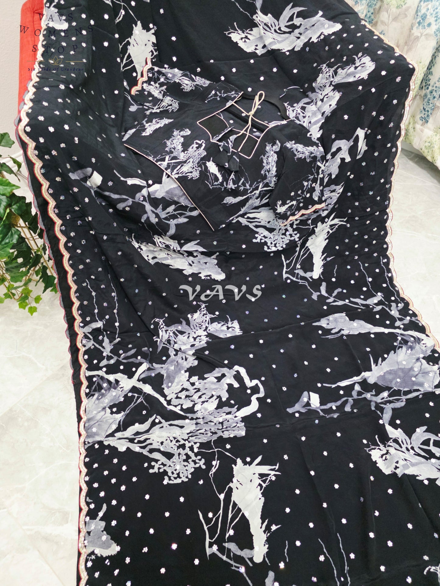 Royal Midnight Black Pure Crepe Silk Floral Sequins Designer Saree with Stitched Blouse Size 38-44