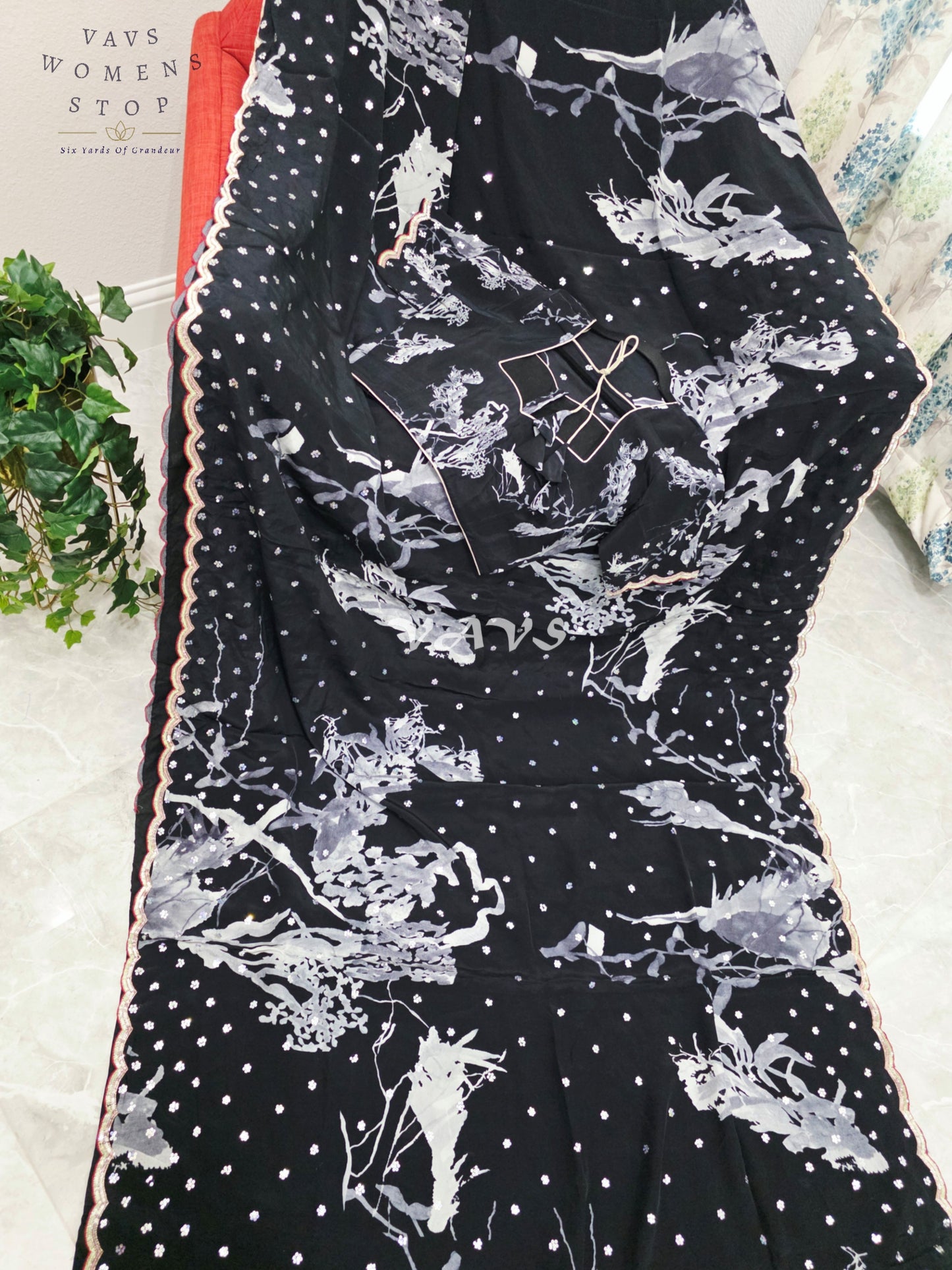 Royal Midnight Black Pure Crepe Silk Floral Sequins Designer Saree with Stitched Blouse Size 38-44