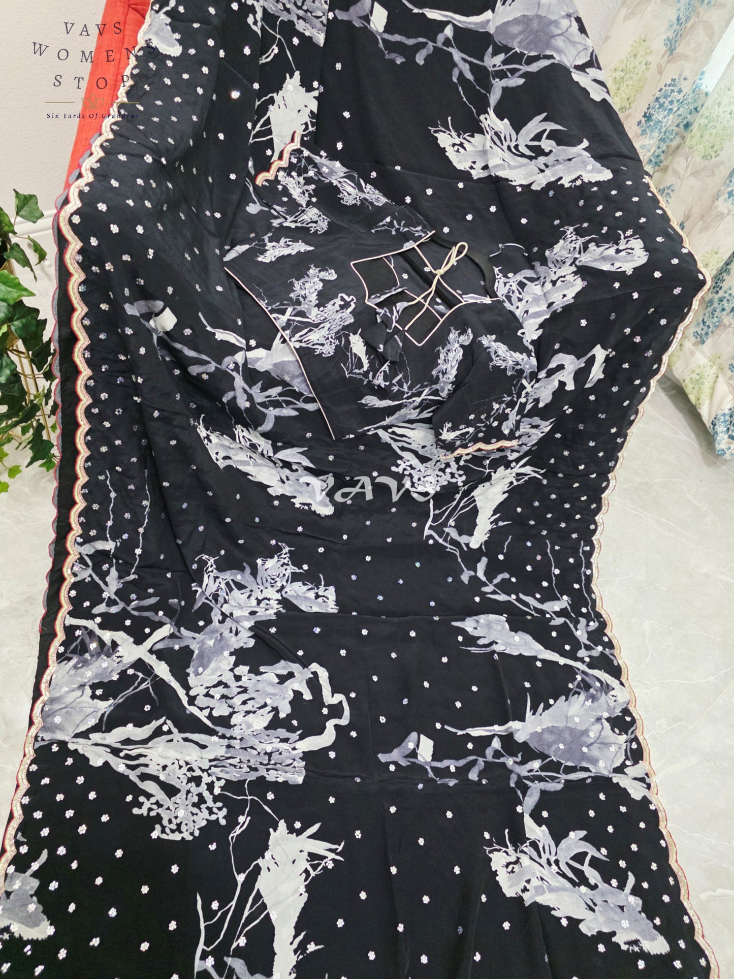 Royal Midnight Black Pure Crepe Silk Floral Sequins Designer Saree with Stitched Blouse Size 38-44