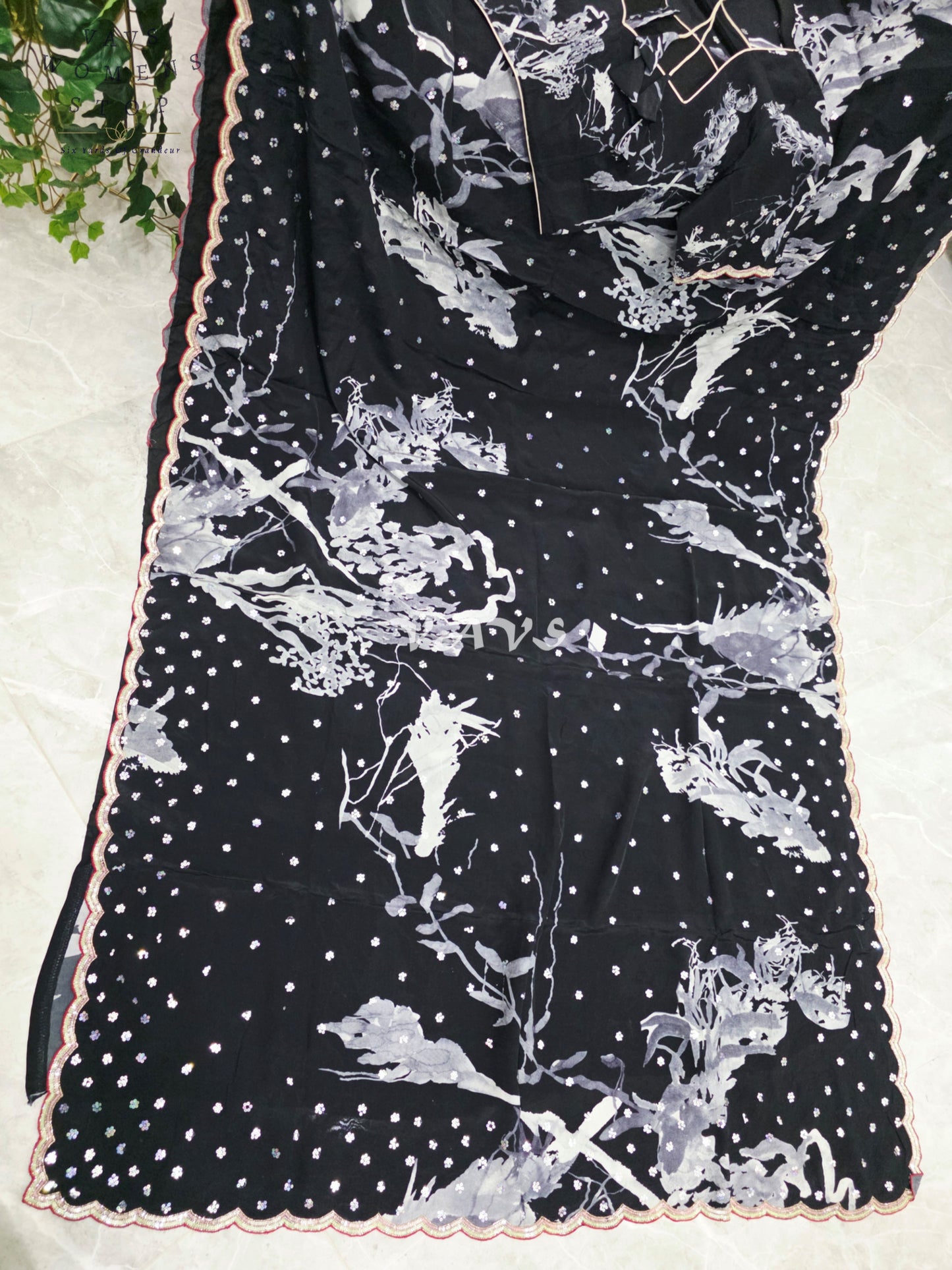 Royal Midnight Black Pure Crepe Silk Floral Sequins Designer Saree with Stitched Blouse Size 38-44