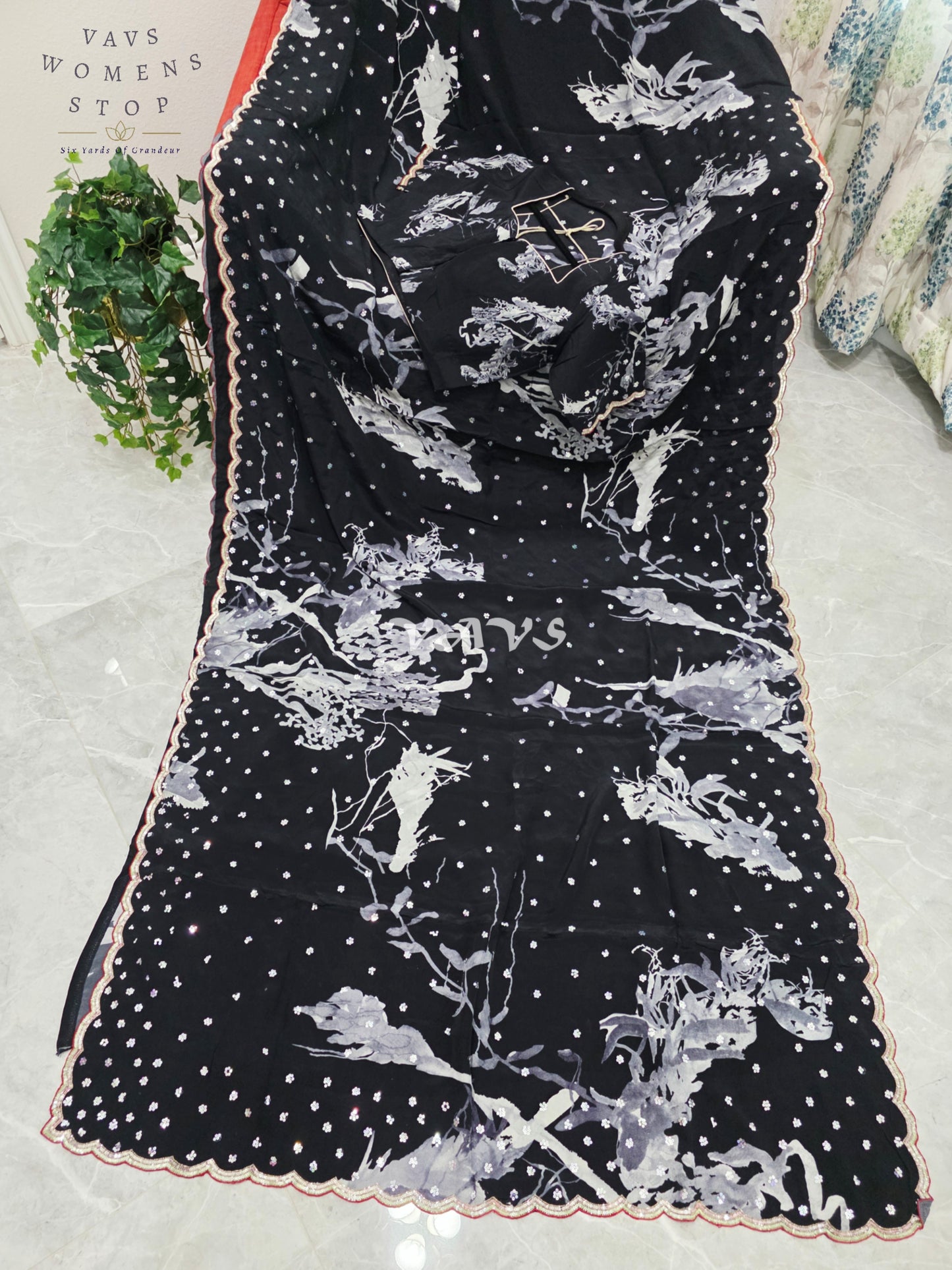 Royal Midnight Black Pure Crepe Silk Floral Sequins Designer Saree with Stitched Blouse Size 38-44