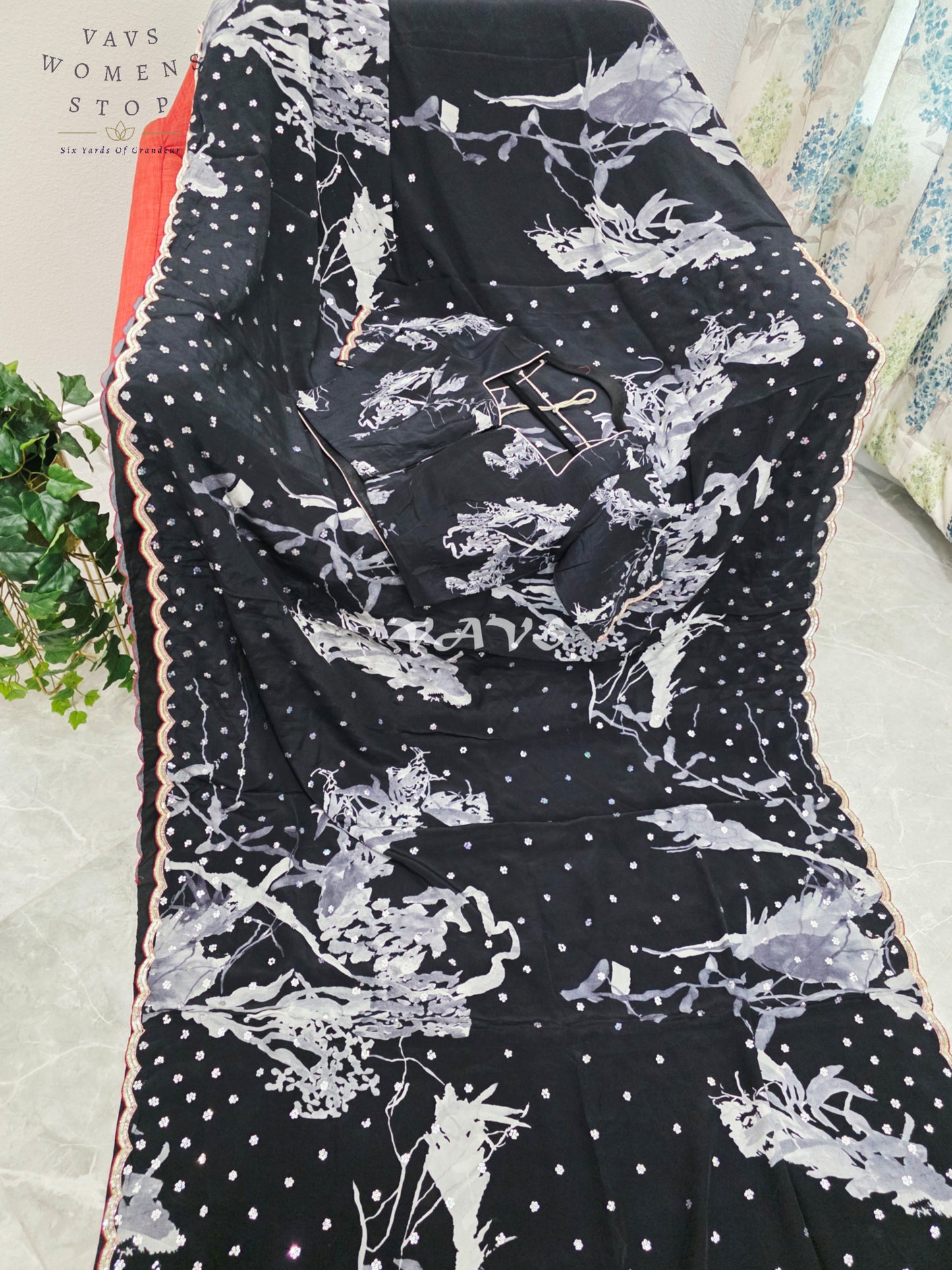 Royal Midnight Black Pure Crepe Silk Floral Sequins Designer Saree with Stitched Blouse Size 38-44
