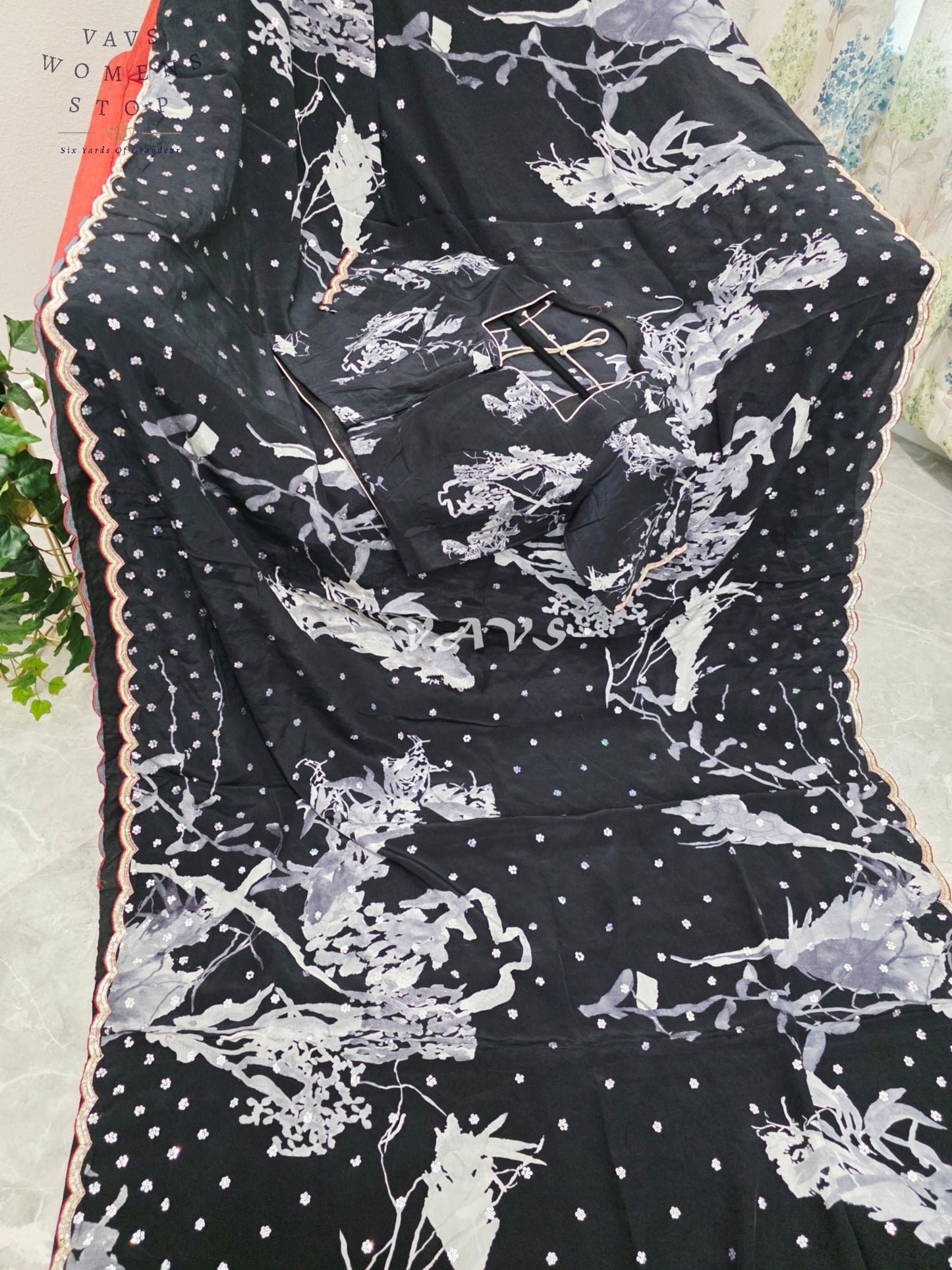 Royal Midnight Black Pure Crepe Silk Floral Sequins Designer Saree with Stitched Blouse Size 38-44
