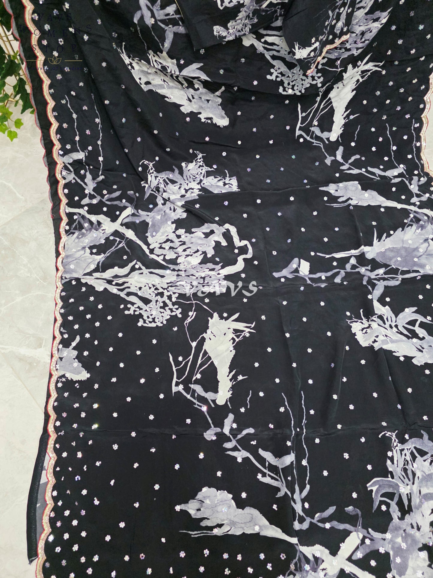 Royal Midnight Black Pure Crepe Silk Floral Sequins Designer Saree with Stitched Blouse Size 38-44
