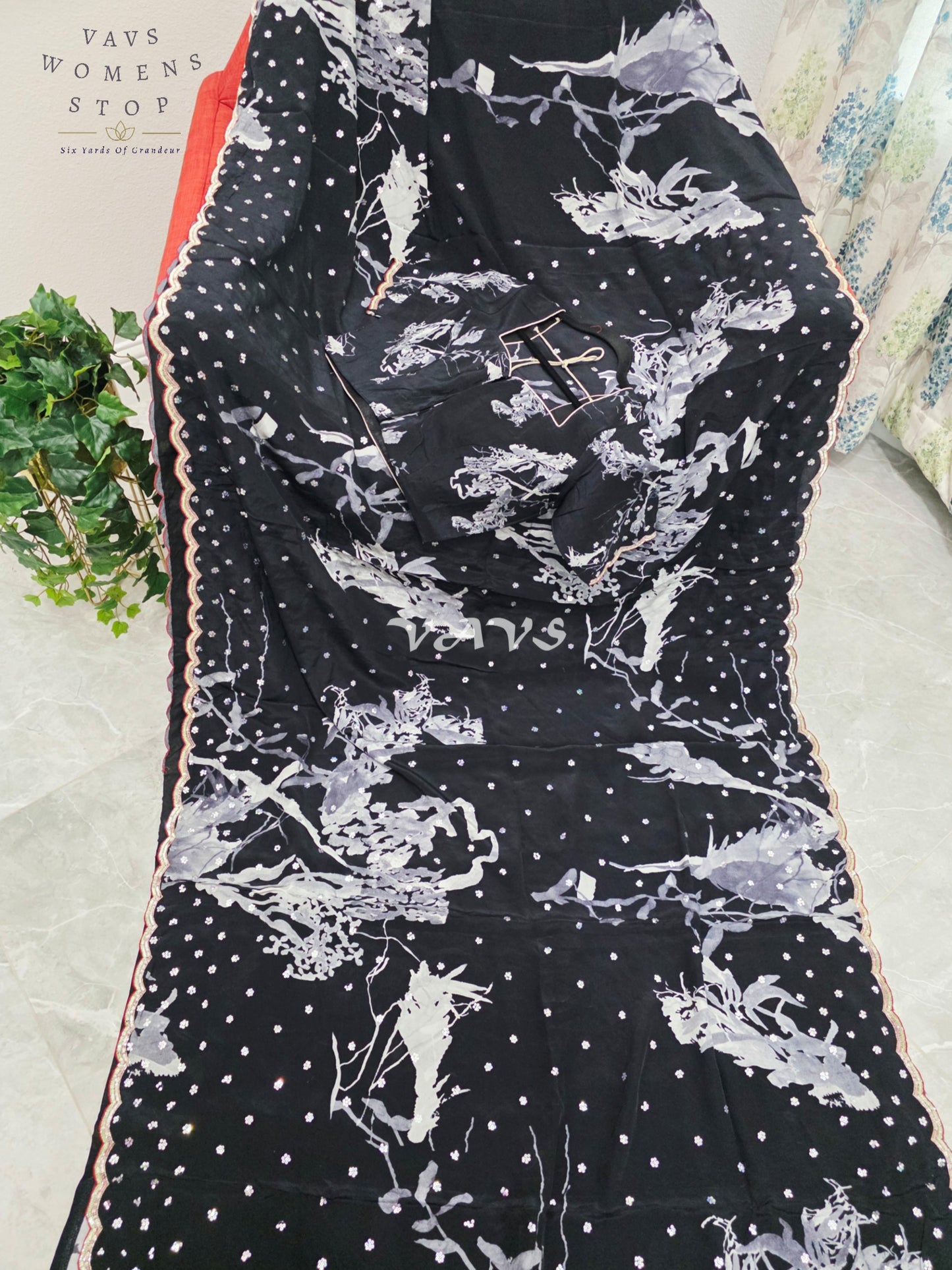 Royal Midnight Black Pure Crepe Silk Floral Sequins Designer Saree with Stitched Blouse Size 38-44