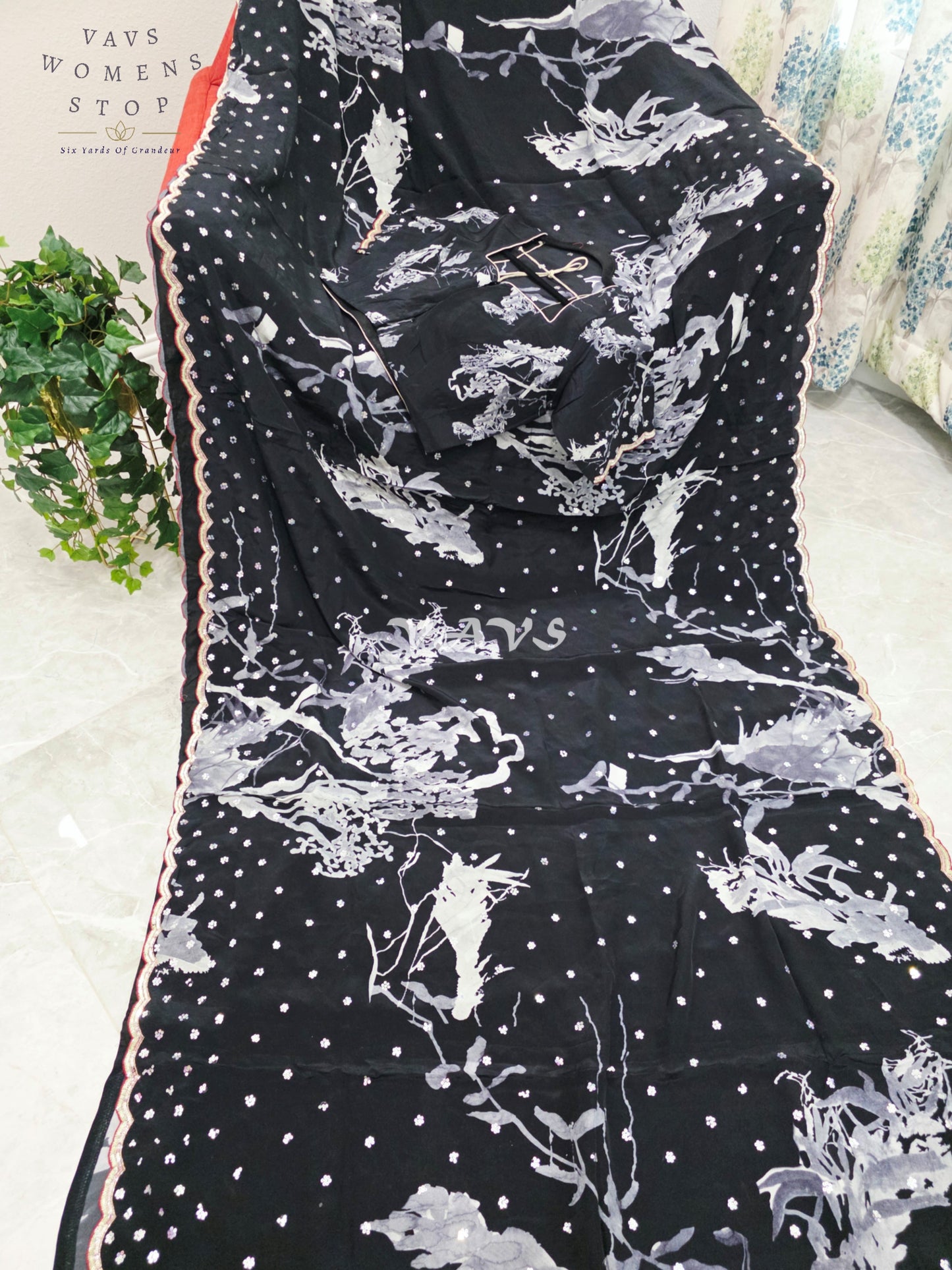 Royal Midnight Black Pure Crepe Silk Floral Sequins Designer Saree with Stitched Blouse Size 38-44