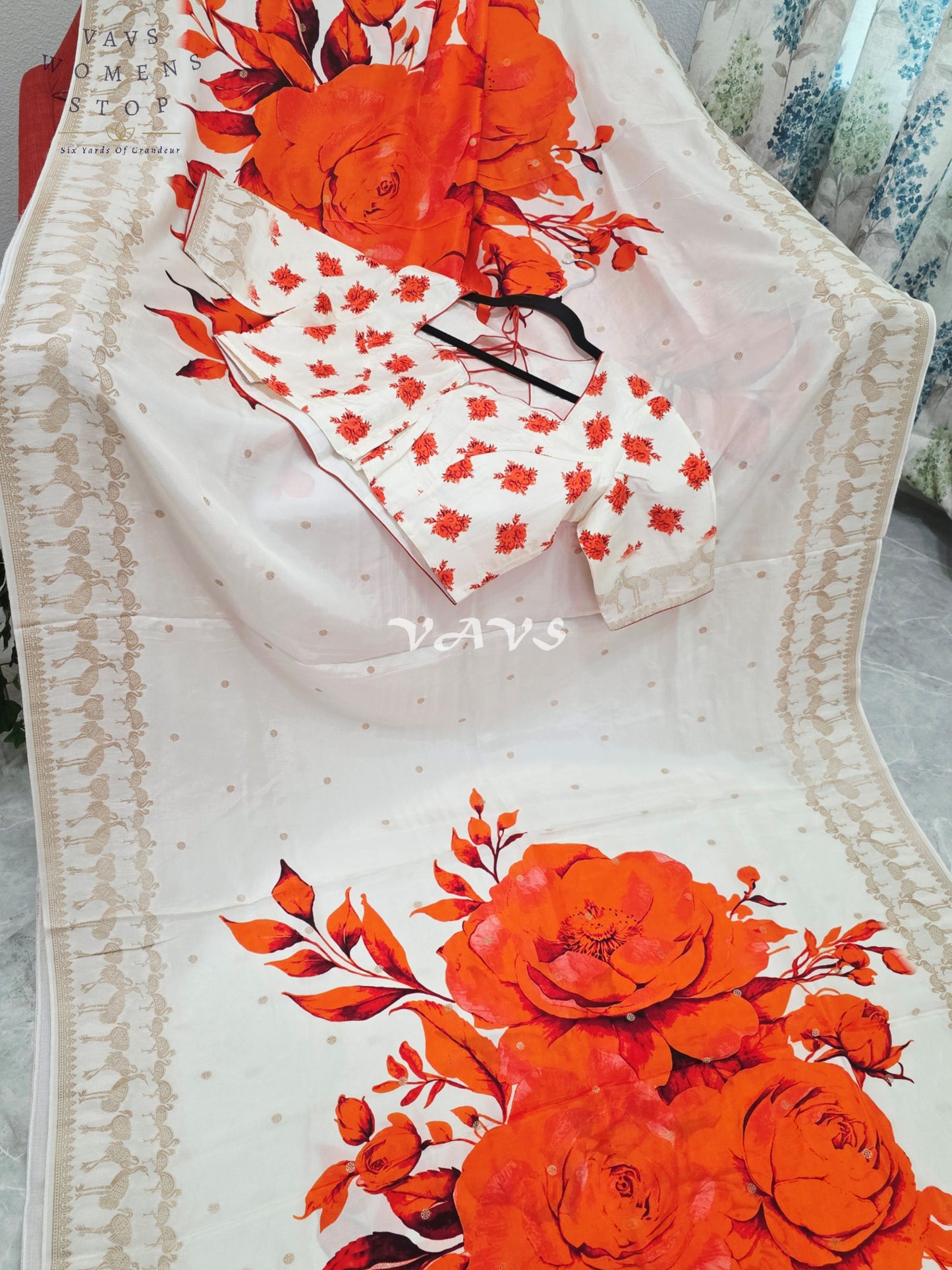 Royal Ivory Pearl Munga Crepe Silk Floral Print Designer Saree with Stitched Blouse Size 40-46