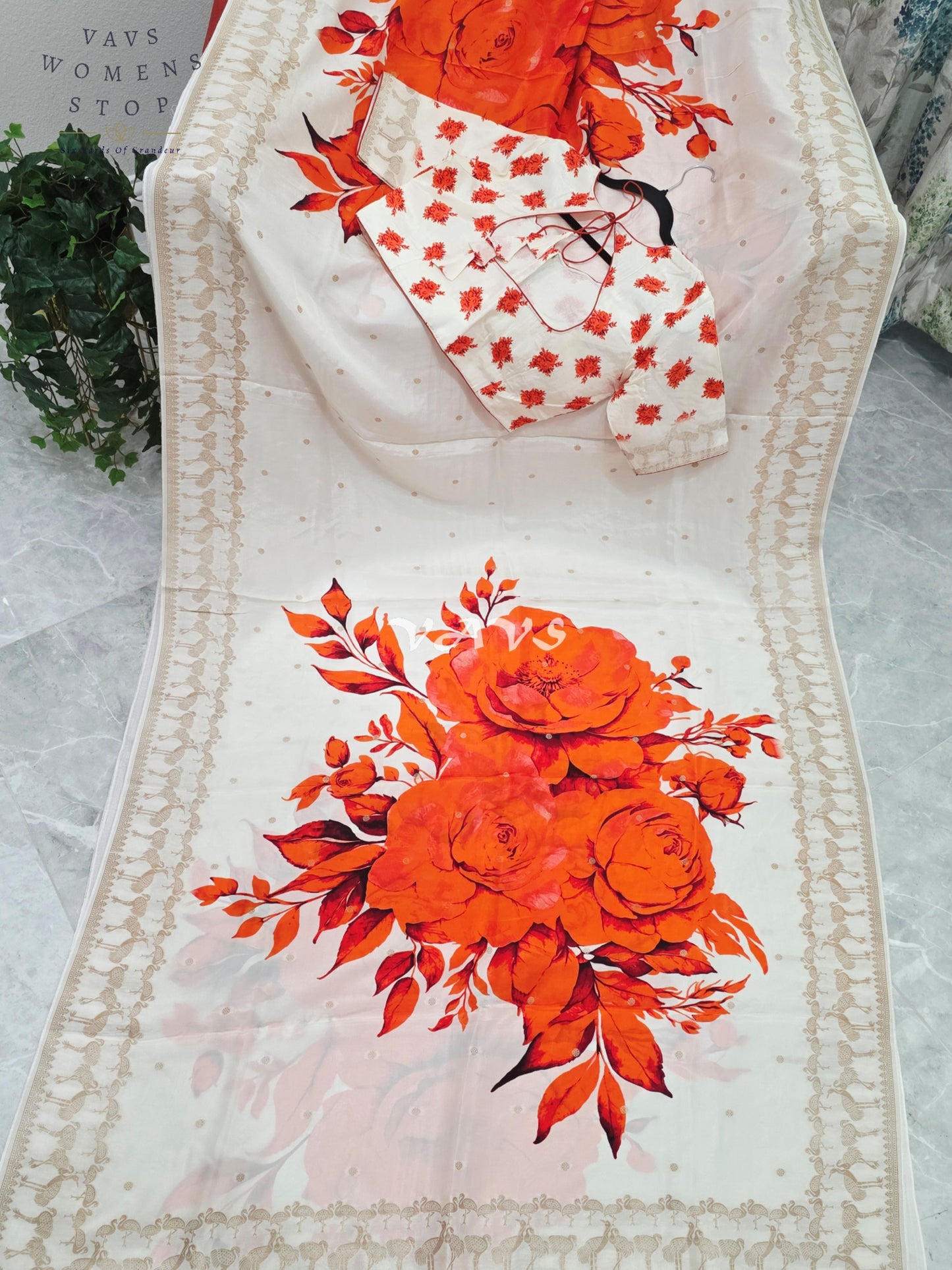 Royal Ivory Pearl Munga Crepe Silk Floral Print Designer Saree with Stitched Blouse Size 40-46