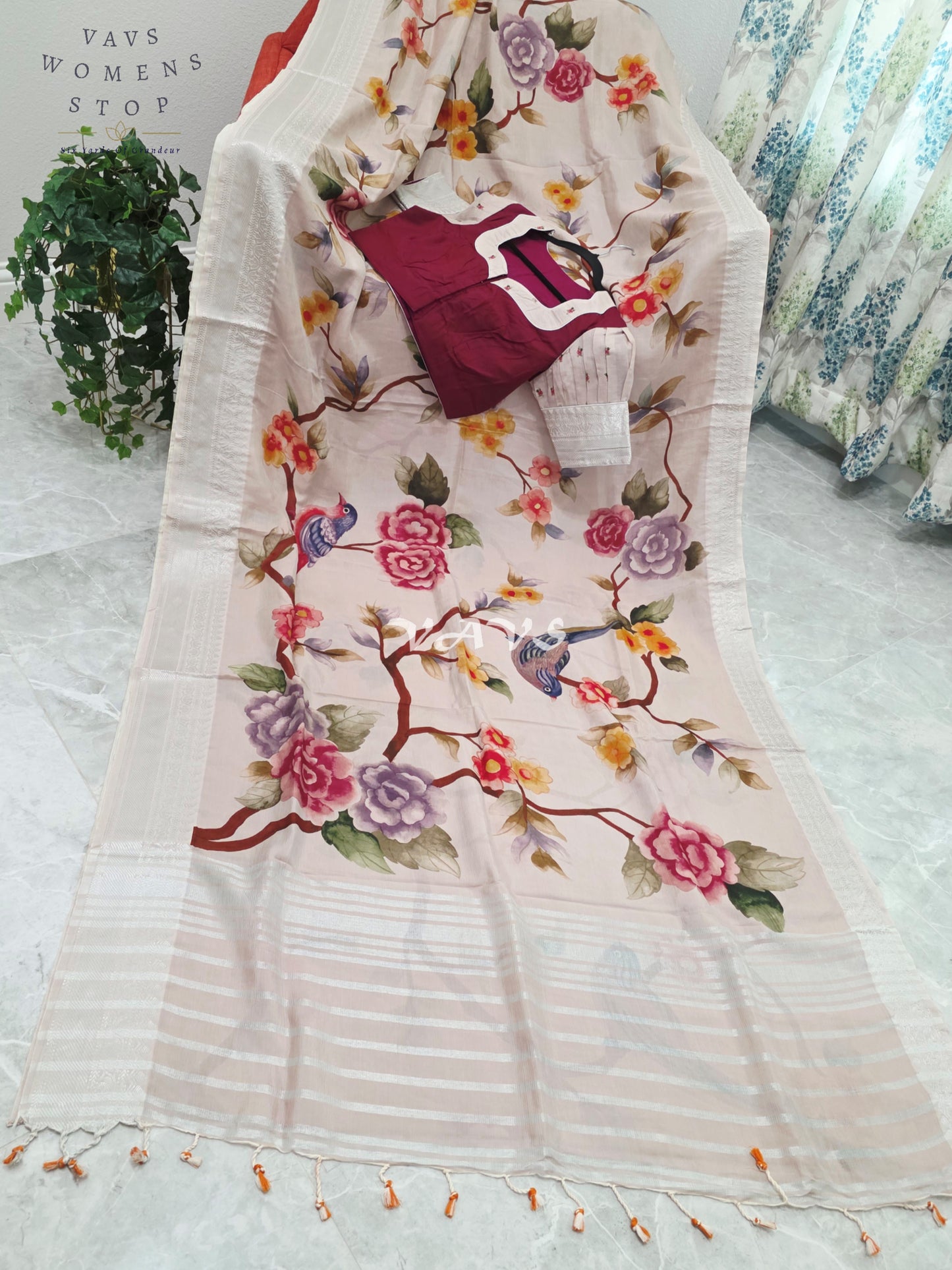Royal Ivory Blush Mangalagiri Silk Bird & Floral Print Saree with Designer Stitched Blouse Size 38-44