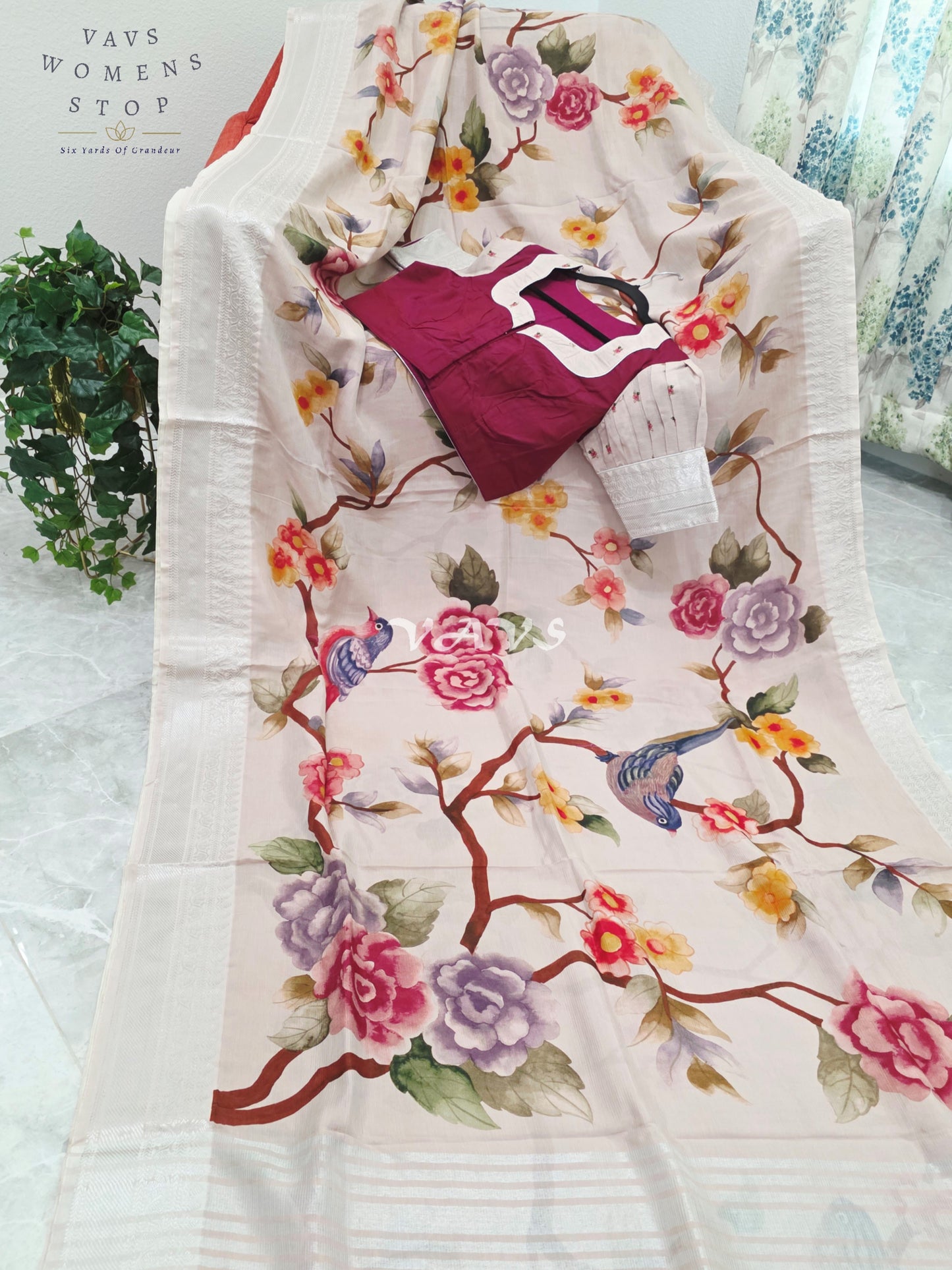 Royal Ivory Blush Mangalagiri Silk Bird & Floral Print Saree with Designer Stitched Blouse Size 38-44