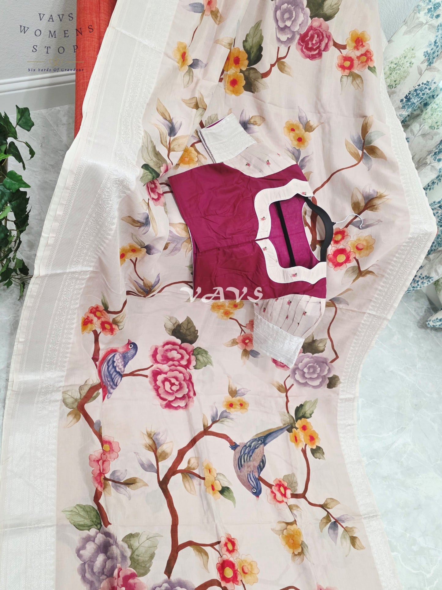 Royal Ivory Blush Mangalagiri Silk Bird & Floral Print Saree with Designer Stitched Blouse Size 38-44