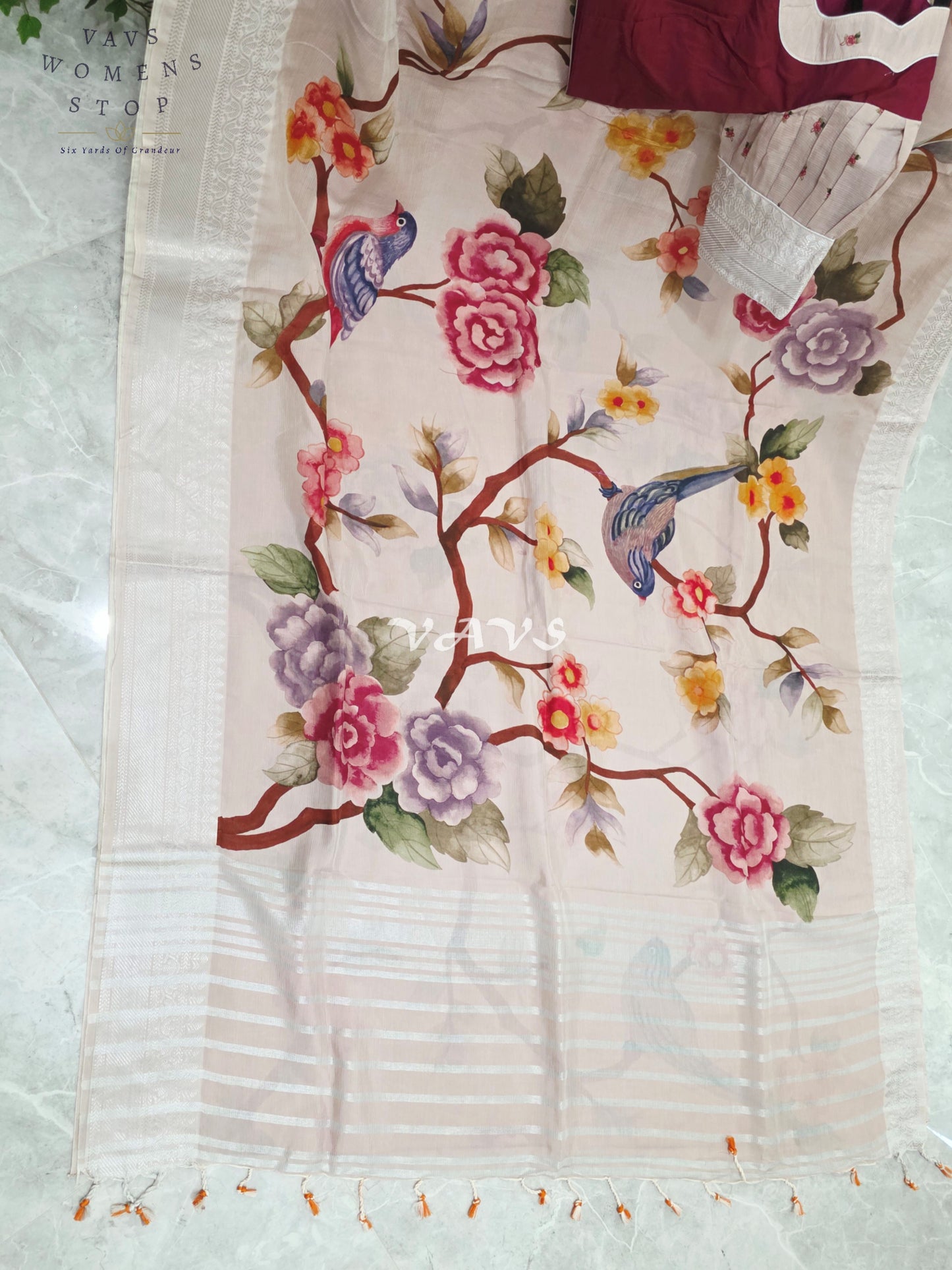 Royal Ivory Blush Mangalagiri Silk Bird & Floral Print Saree with Designer Stitched Blouse Size 38-44