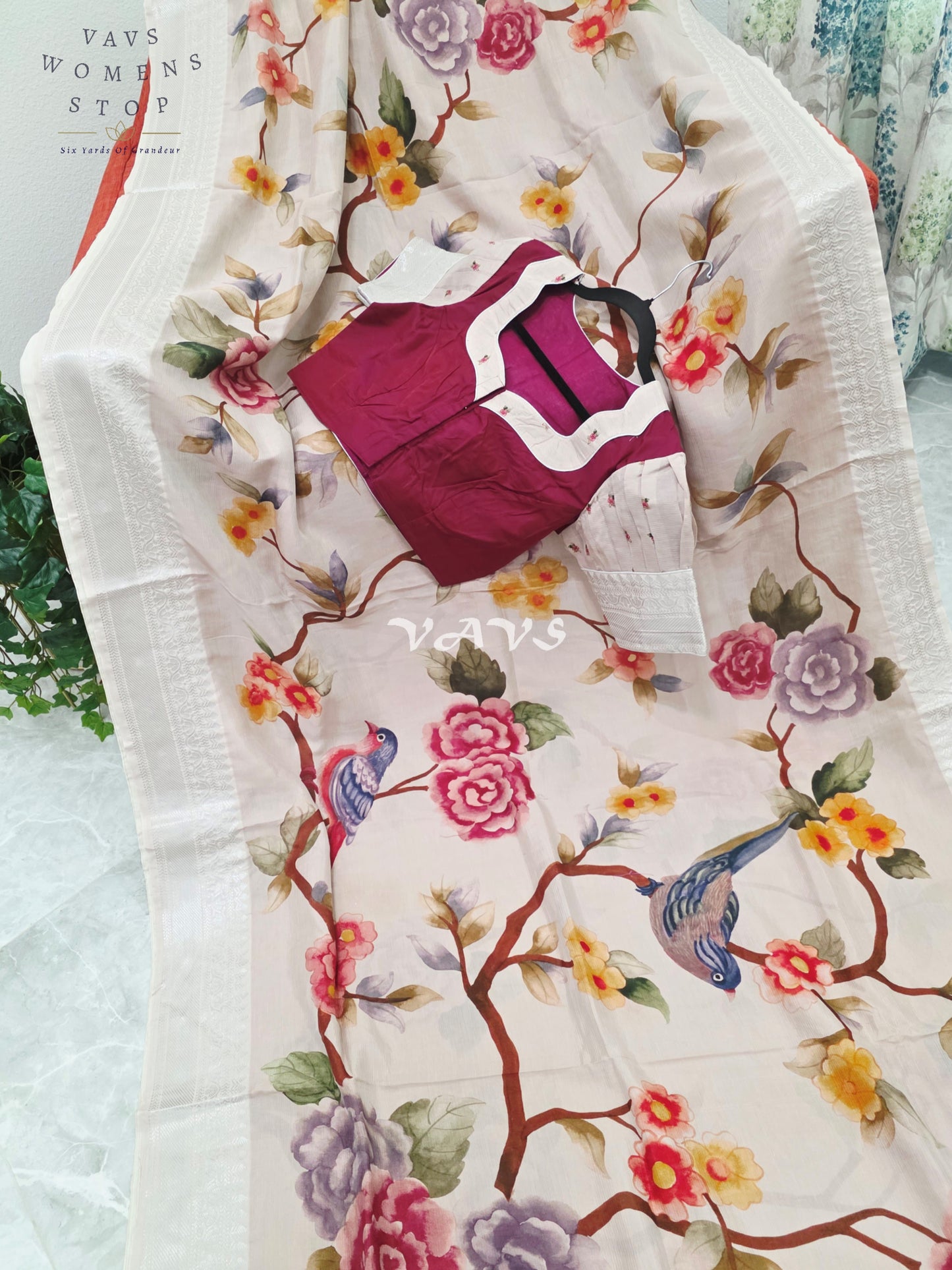 Royal Ivory Blush Mangalagiri Silk Bird & Floral Print Saree with Designer Stitched Blouse Size 38-44