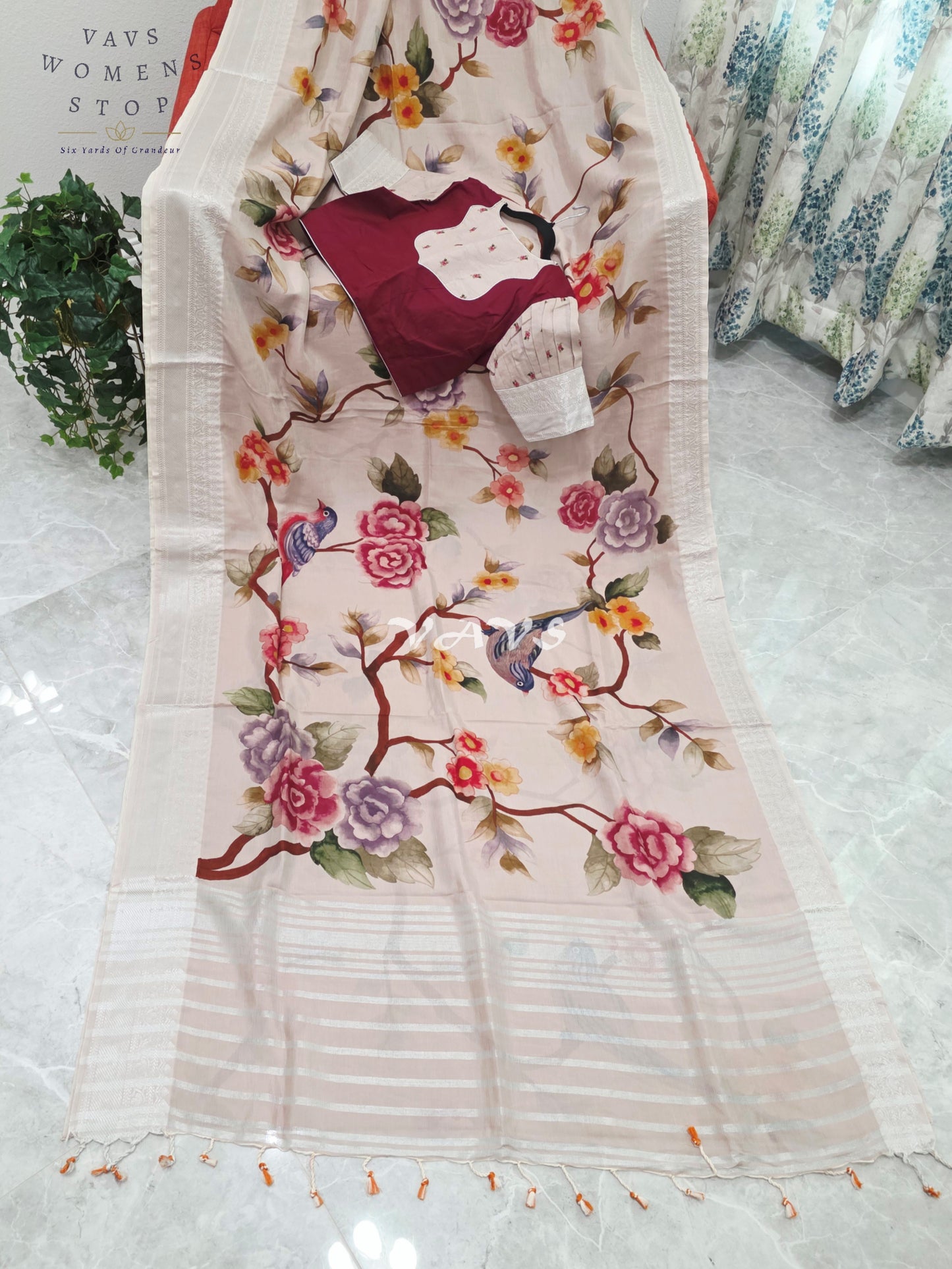 Royal Ivory Blush Mangalagiri Silk Bird & Floral Print Saree with Designer Stitched Blouse Size 38-44