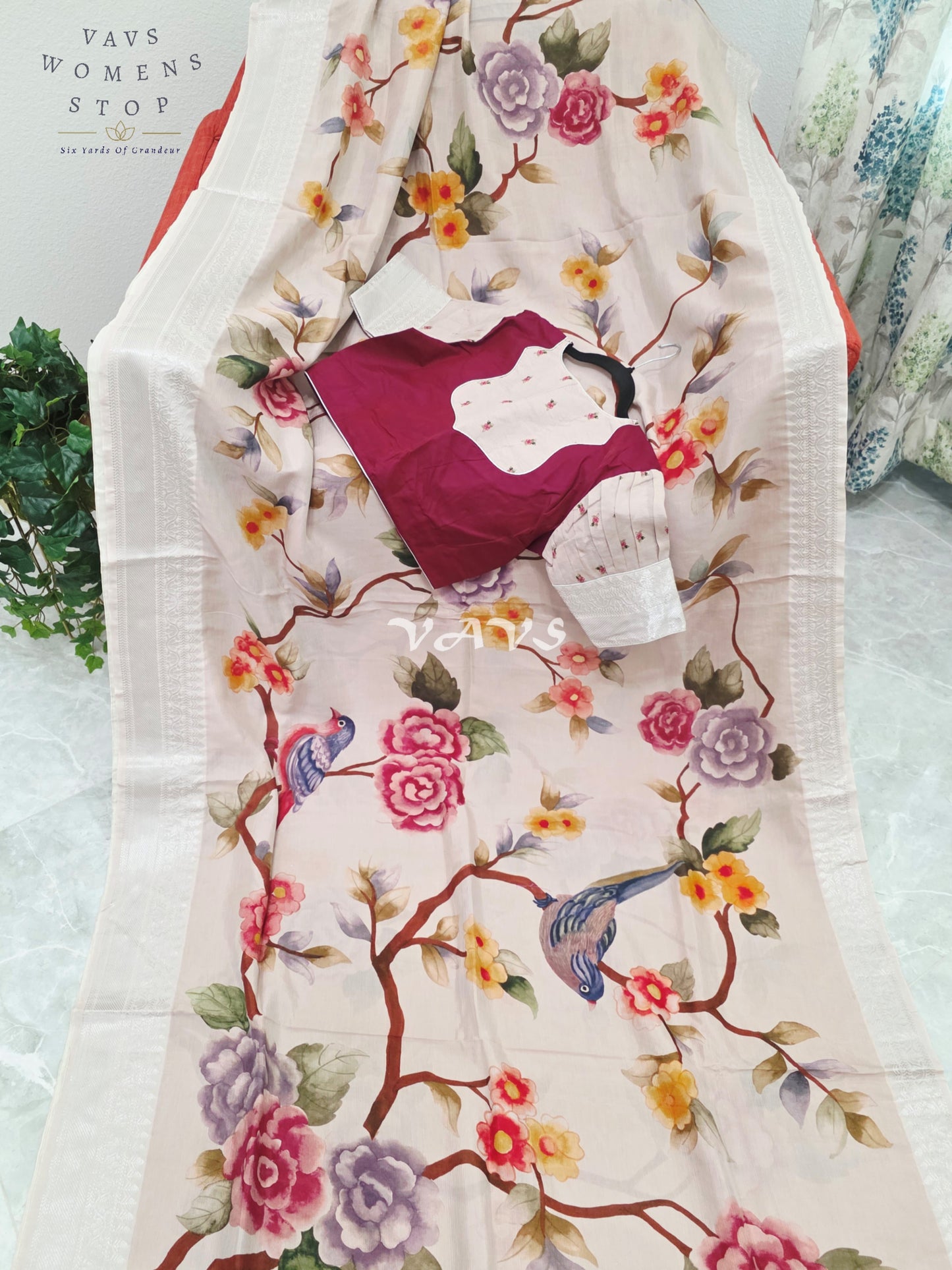Royal Ivory Blush Mangalagiri Silk Bird & Floral Print Saree with Designer Stitched Blouse Size 38-44