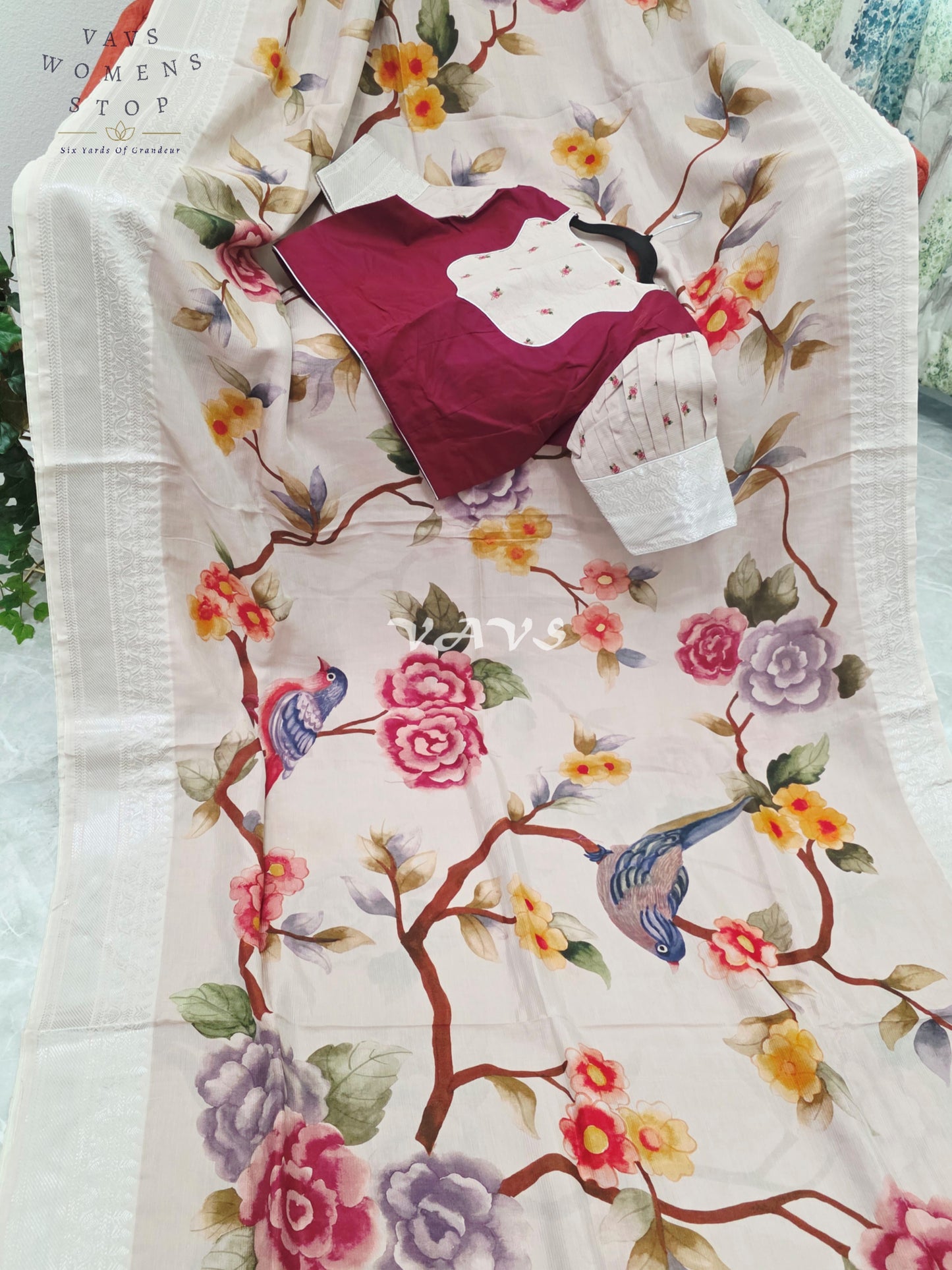 Royal Ivory Blush Mangalagiri Silk Bird & Floral Print Saree with Designer Stitched Blouse Size 38-44