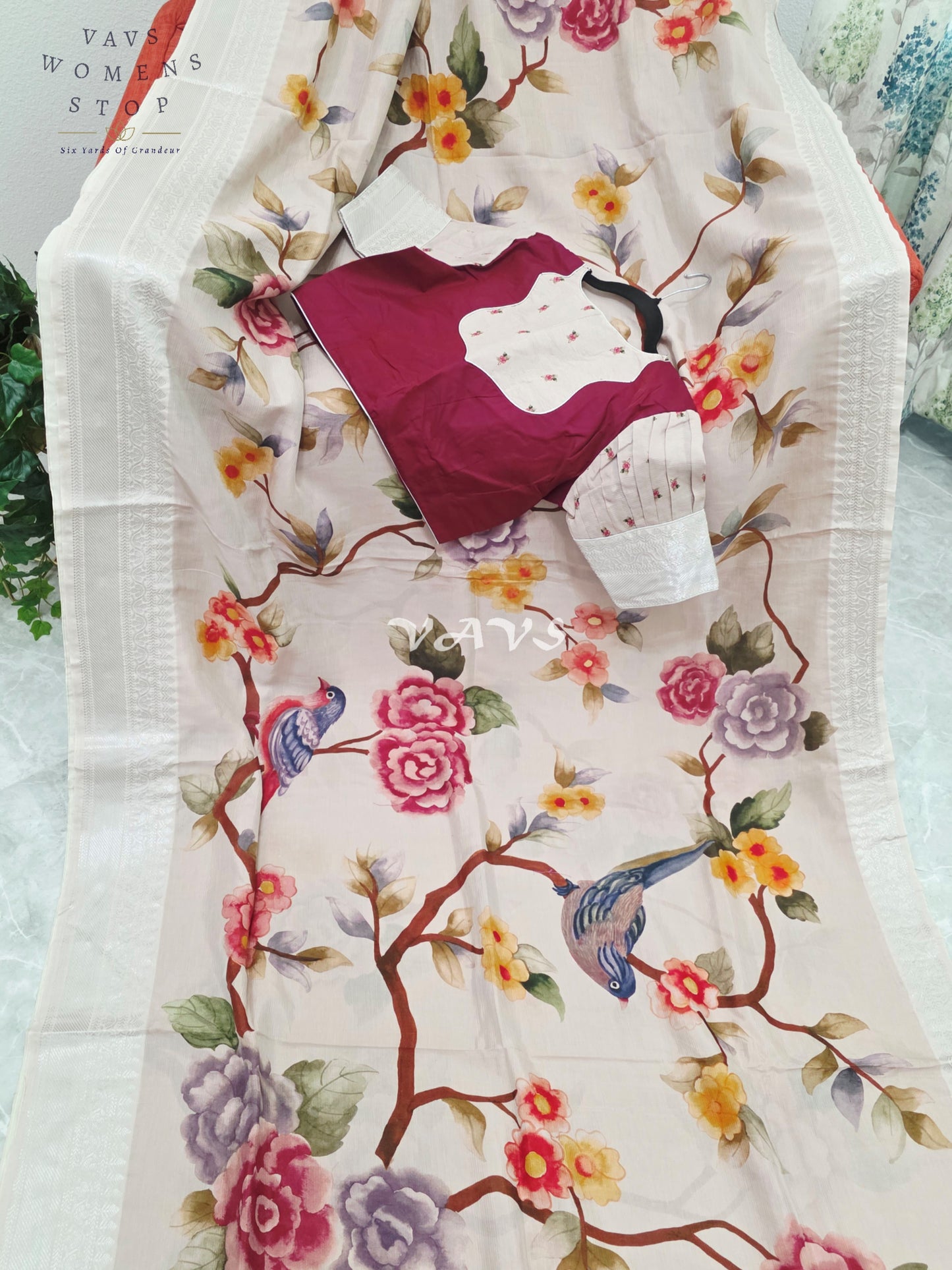 Royal Ivory Blush Mangalagiri Silk Bird & Floral Print Saree with Designer Stitched Blouse Size 38-44