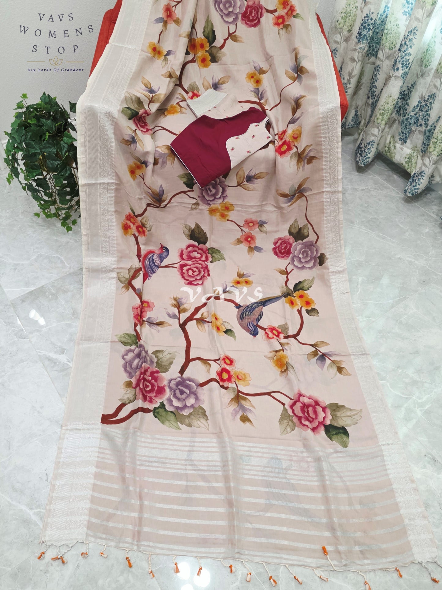 Royal Ivory Blush Mangalagiri Silk Bird & Floral Print Saree with Designer Stitched Blouse Size 38-44