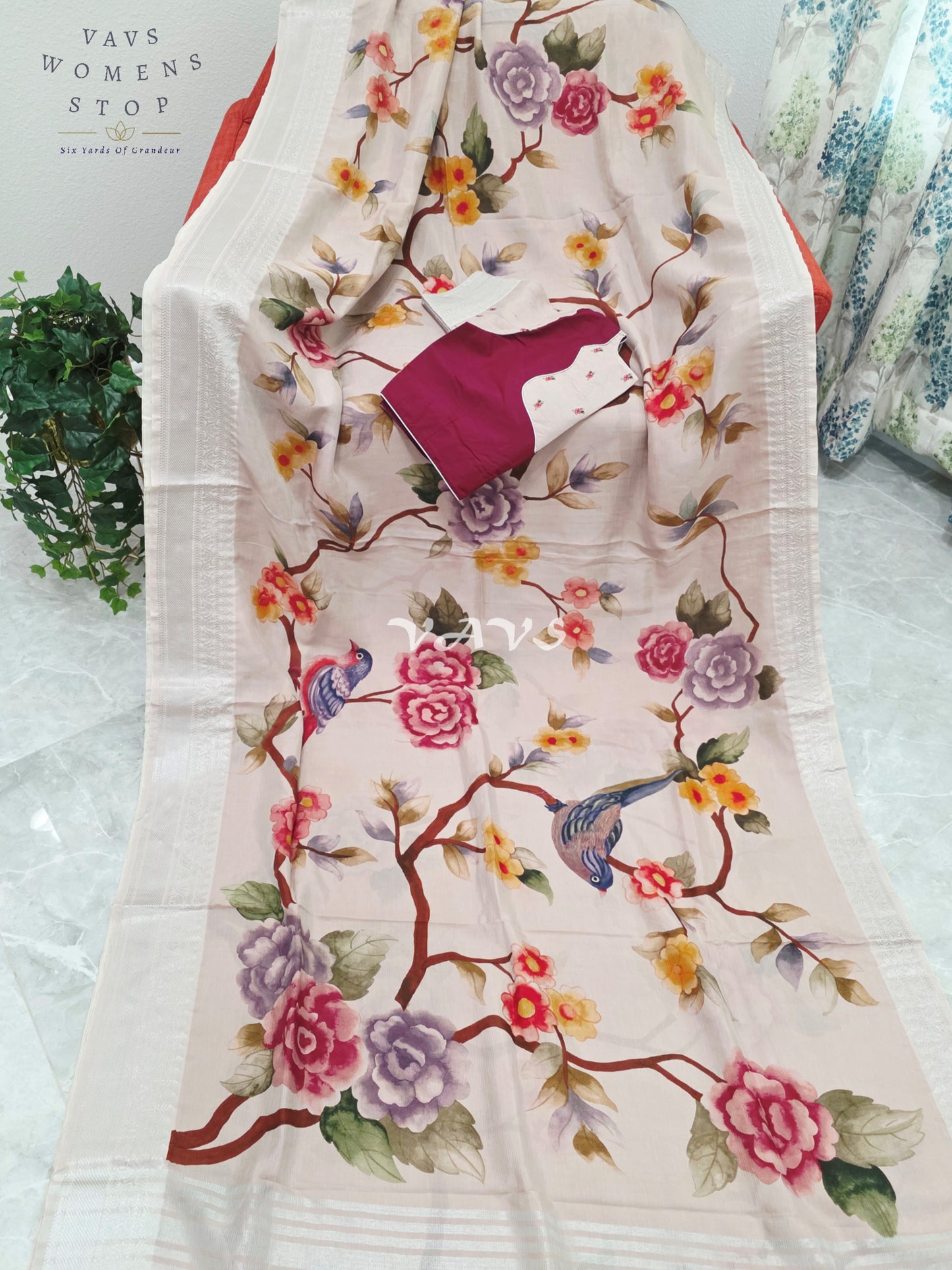 Royal Ivory Blush Mangalagiri Silk Bird & Floral Print Saree with Designer Stitched Blouse Size 38-44