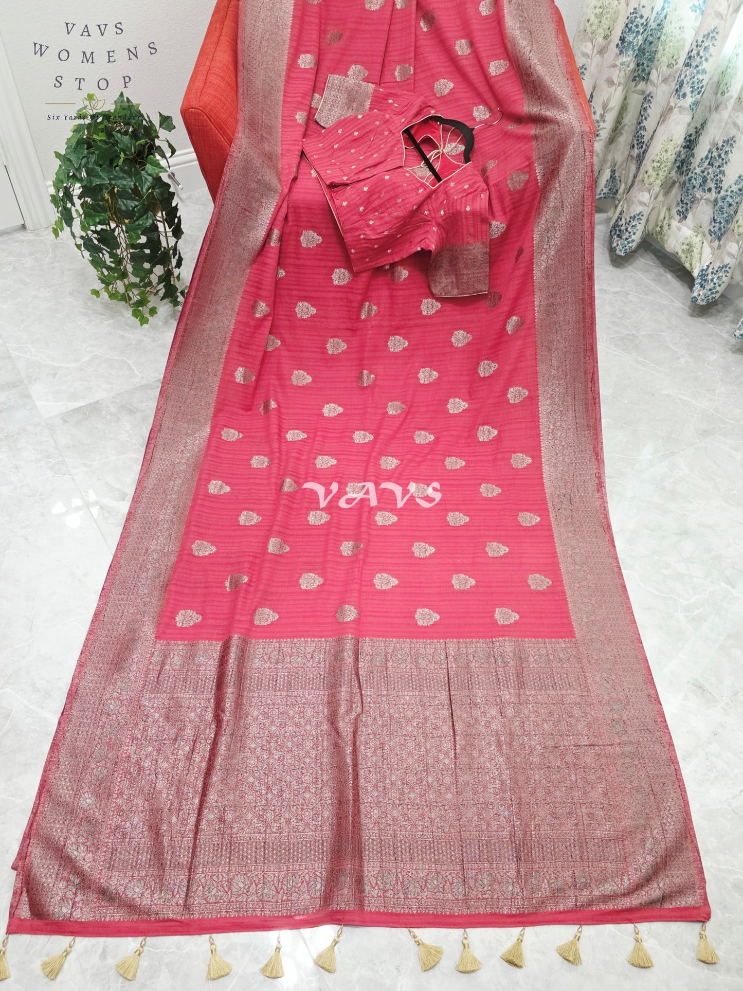 Royal Rose Pink Semi Tussar Georgette Saree with Silver Zari Buttas & Stitched Blouse Size 38-44