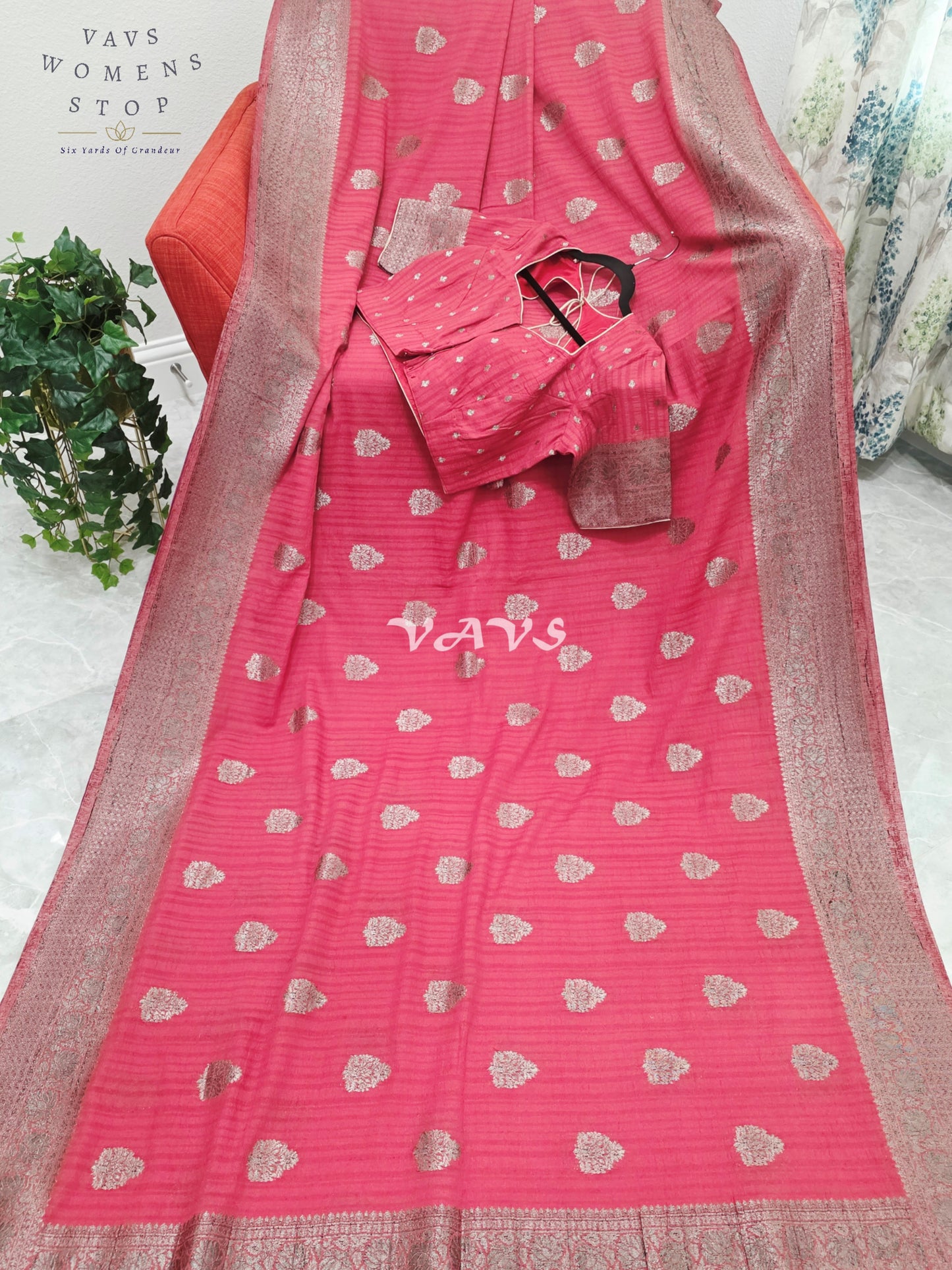 Royal Rose Pink Semi Tussar Georgette Saree with Silver Zari Buttas & Stitched Blouse Size 38-44
