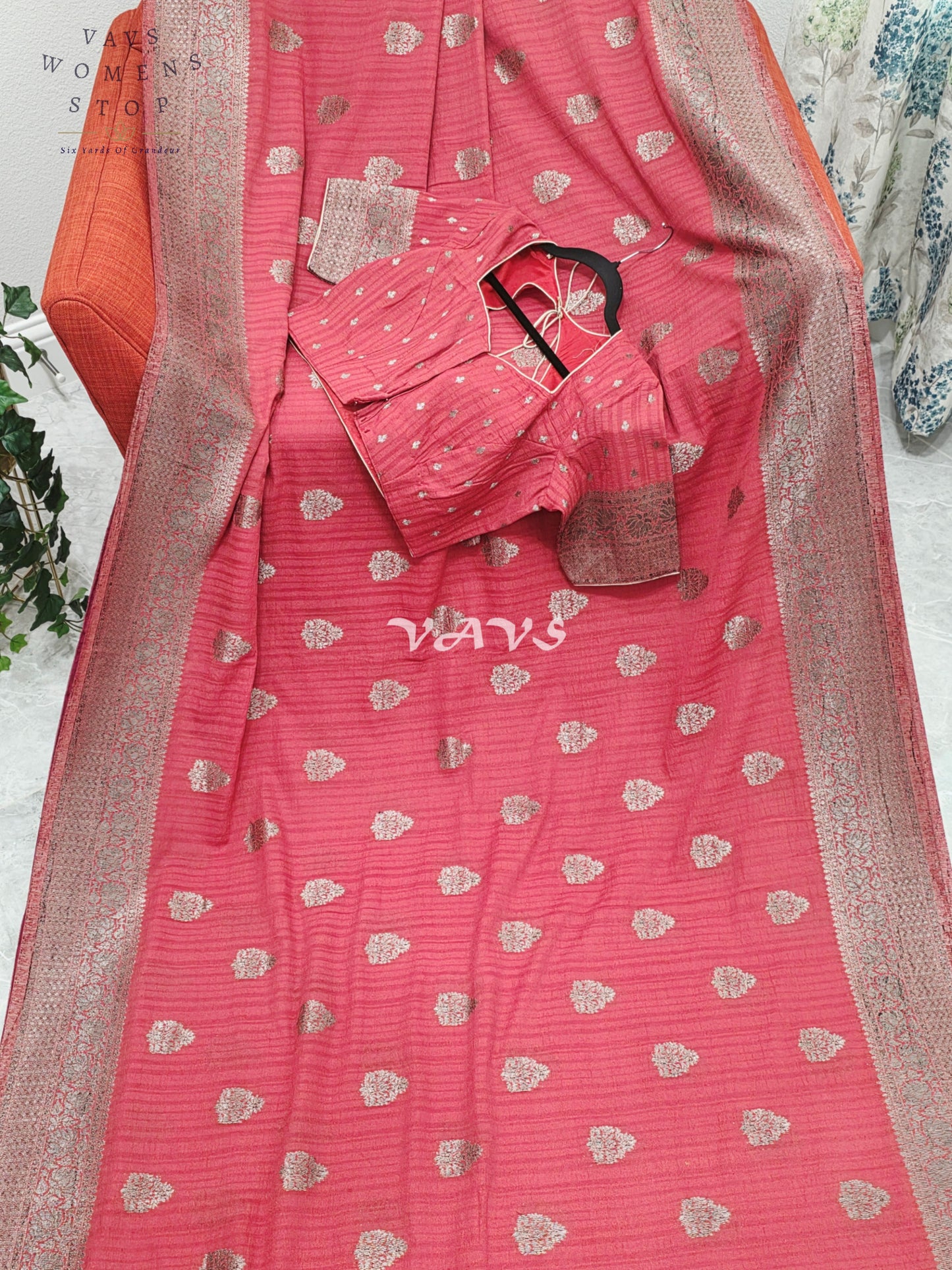 Royal Rose Pink Semi Tussar Georgette Saree with Silver Zari Buttas & Stitched Blouse Size 38-44