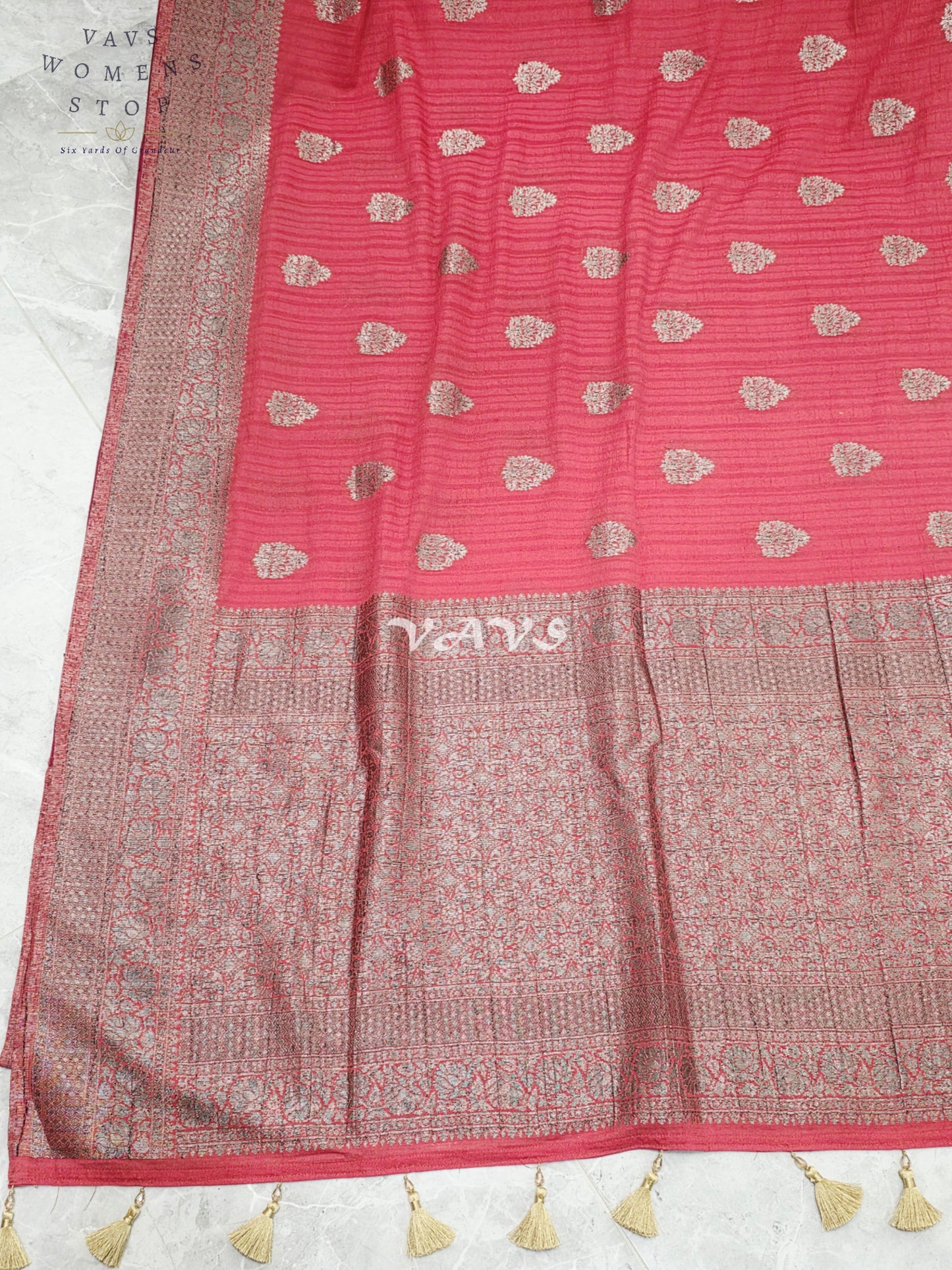 Royal Rose Pink Semi Tussar Georgette Saree with Silver Zari Buttas & Stitched Blouse Size 38-44