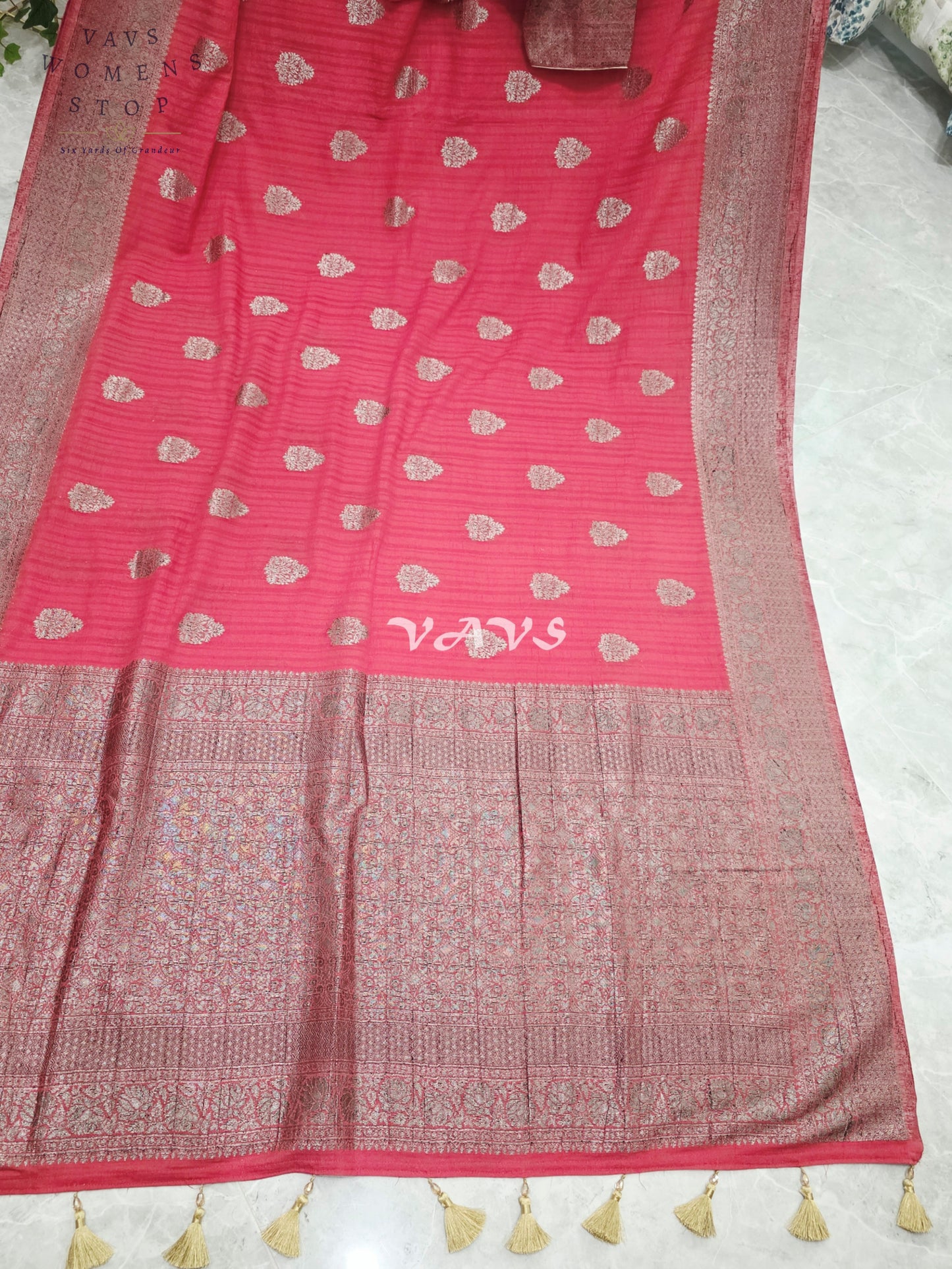 Royal Rose Pink Semi Tussar Georgette Saree with Silver Zari Buttas & Stitched Blouse Size 38-44