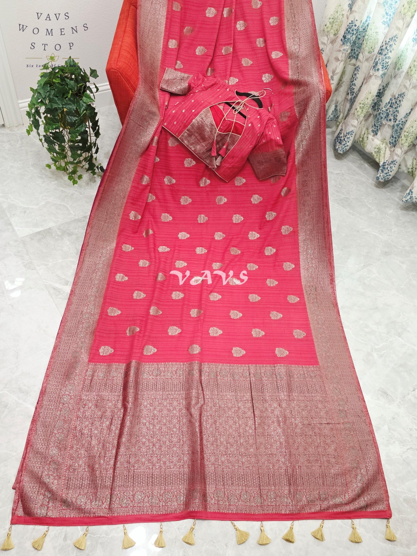 Royal Rose Pink Semi Tussar Georgette Saree with Silver Zari Buttas & Stitched Blouse Size 38-44