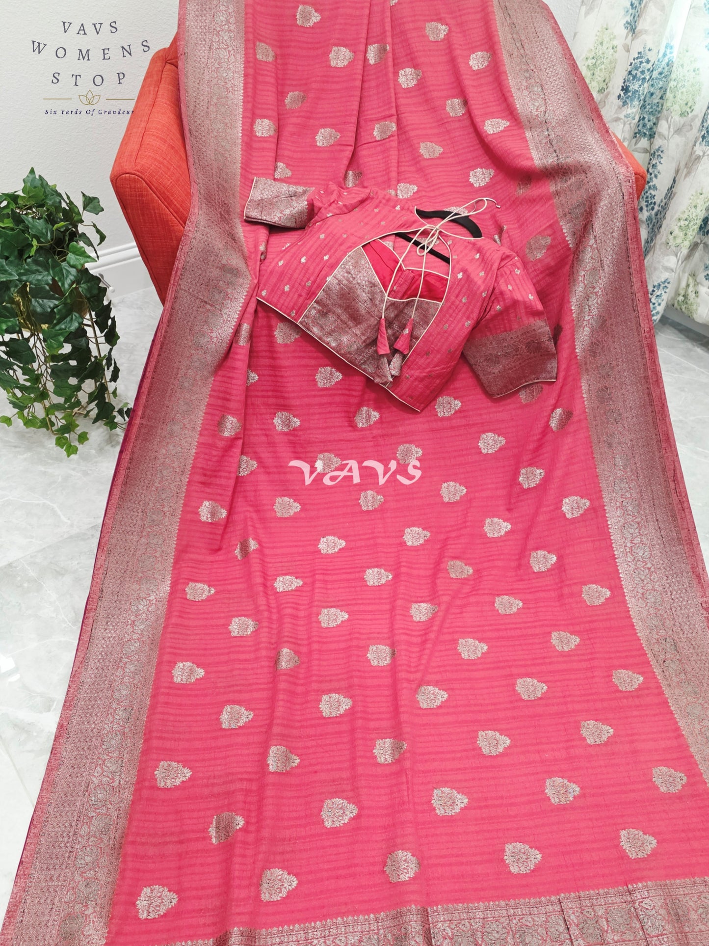 Royal Rose Pink Semi Tussar Georgette Saree with Silver Zari Buttas & Stitched Blouse Size 38-44